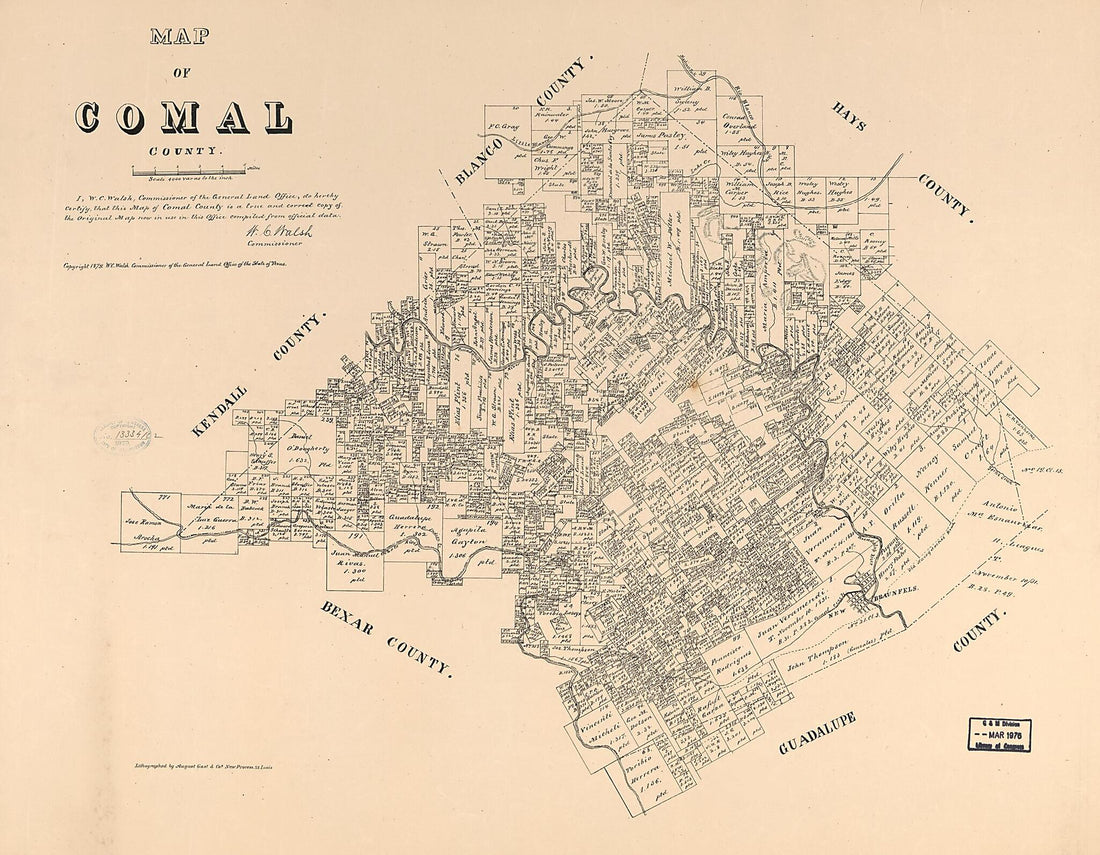 This old map of Map of Comal County from 1879 was created by  August Gast &amp; Co,  Texas. General Land Office, W. C. (William C.) Walsh in 1879