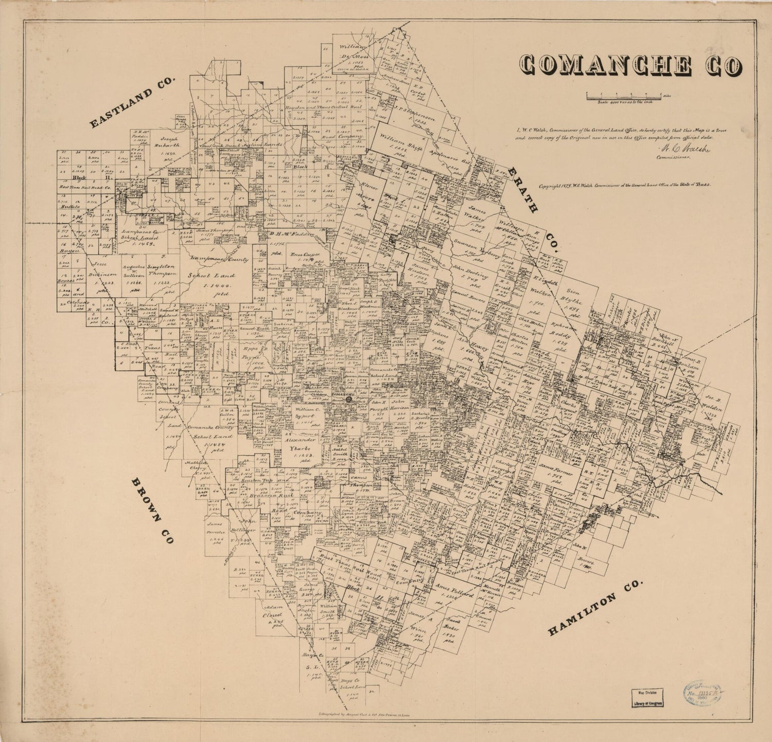 This old map of Comanche Co. (Comanche County) from 1879 was created by  August Gast &amp; Co,  Texas. General Land Office, W. C. (William C.) Walsh in 1879