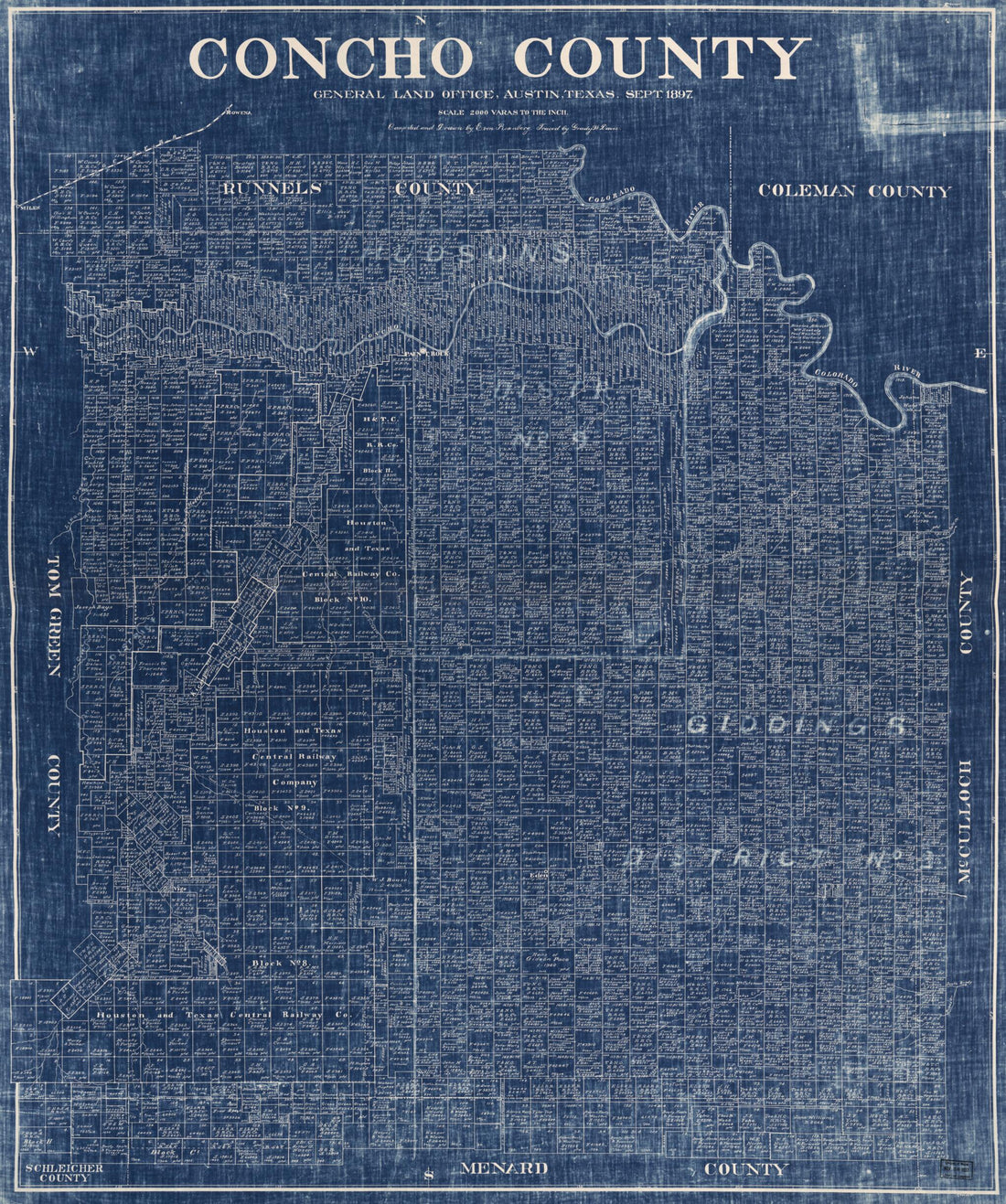 This old map of Concho County from 1897 was created by E. Von Rosenberg,  Texas. General Land Office in 1897