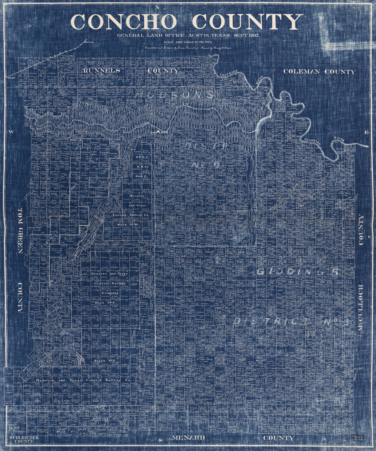 This old map of Concho County from 1897 was created by E. Von Rosenberg,  Texas. General Land Office in 1897