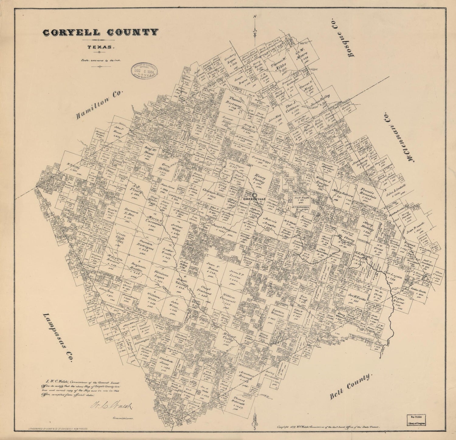 This old map of Coryell County, Texas from 1879 was created by  August Gast &amp; Co,  Texas. General Land Office, W. C. (William C.) Walsh in 1879