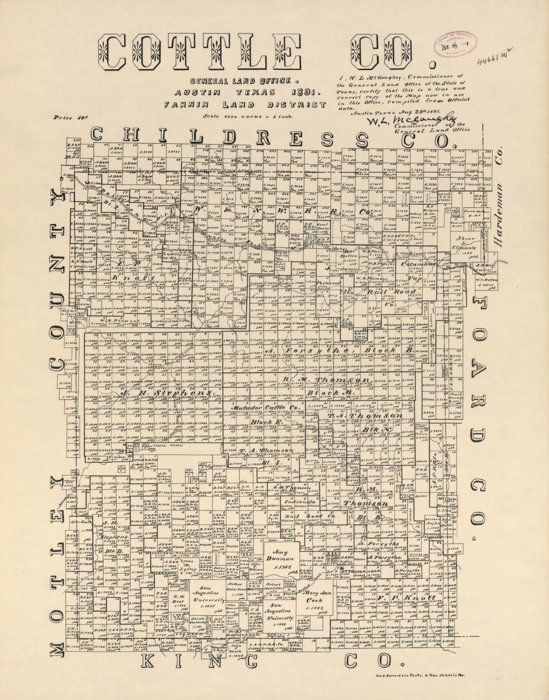 This old map of Cottle Co. (Cottle County, Texas) from 1891 was created by W. L. McGaughey,  Texas. General Land Office in 1891