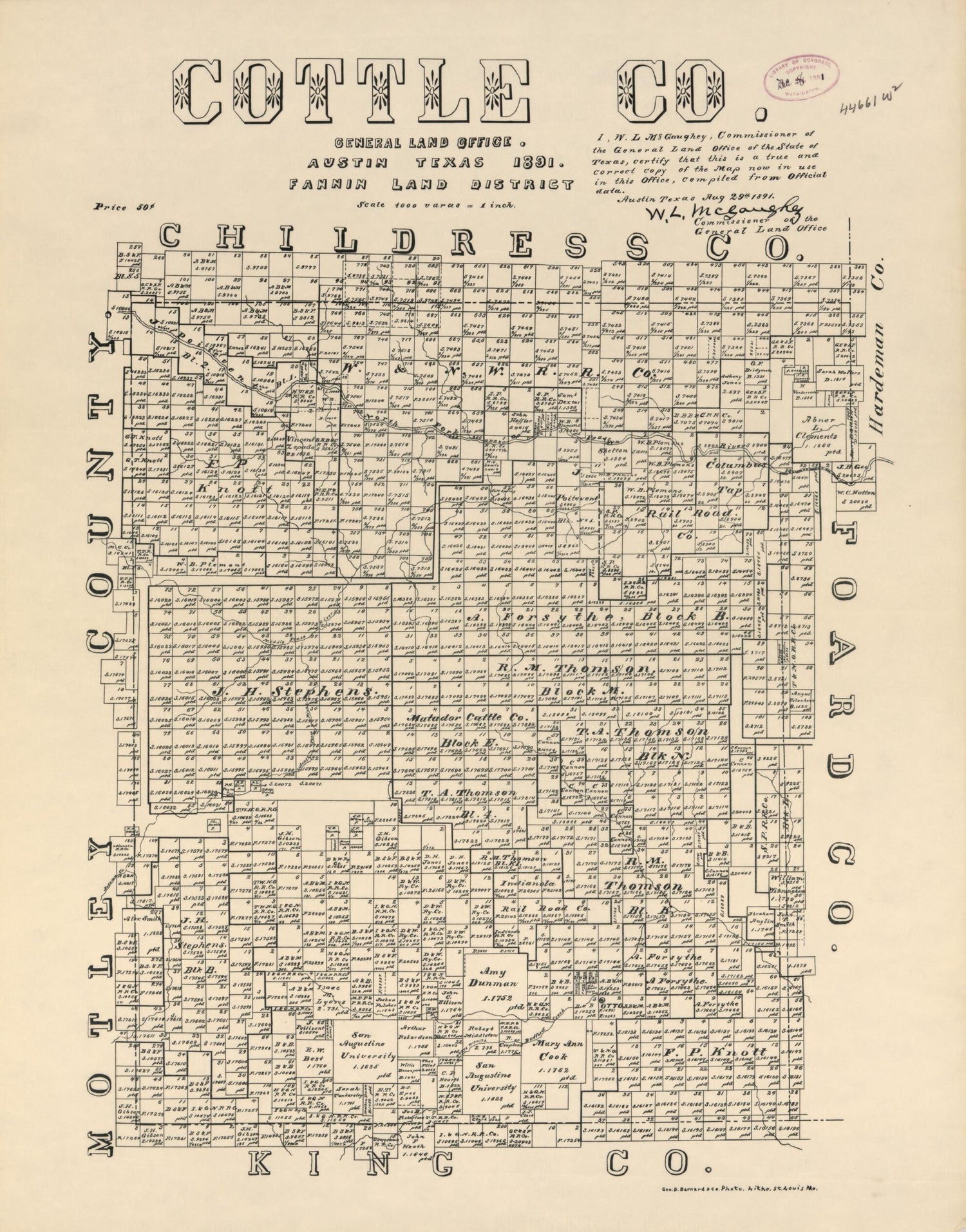 This old map of Cottle Co. (Cottle County, Texas) from 1891 was created by W. L. McGaughey,  Texas. General Land Office in 1891