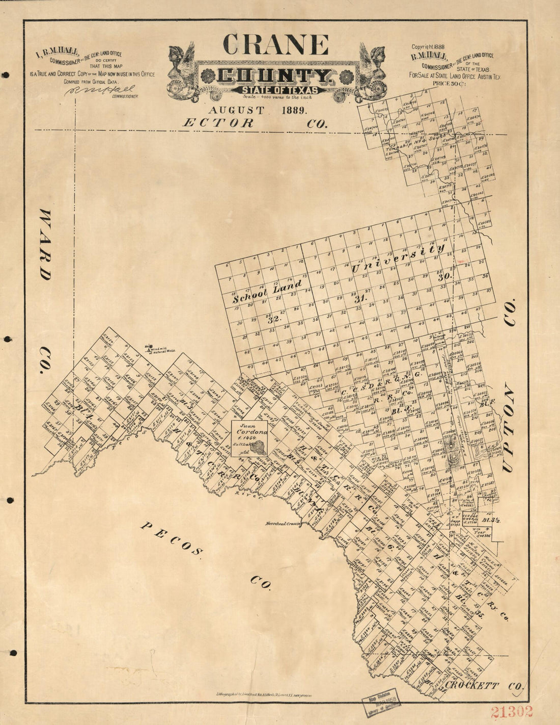 This old map of Crane County, State of Texas from 1889 was created by R. M. Hall,  Texas. General Land Office in 1889