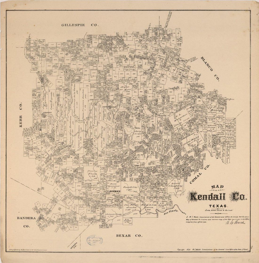 This old map of Map of Kendall Co., Texas. (Map of Kendall County, Texas) from 1879 was created by  August Gast &amp; Co,  Texas. General Land Office, W. C. (William C.) Walsh in 1879