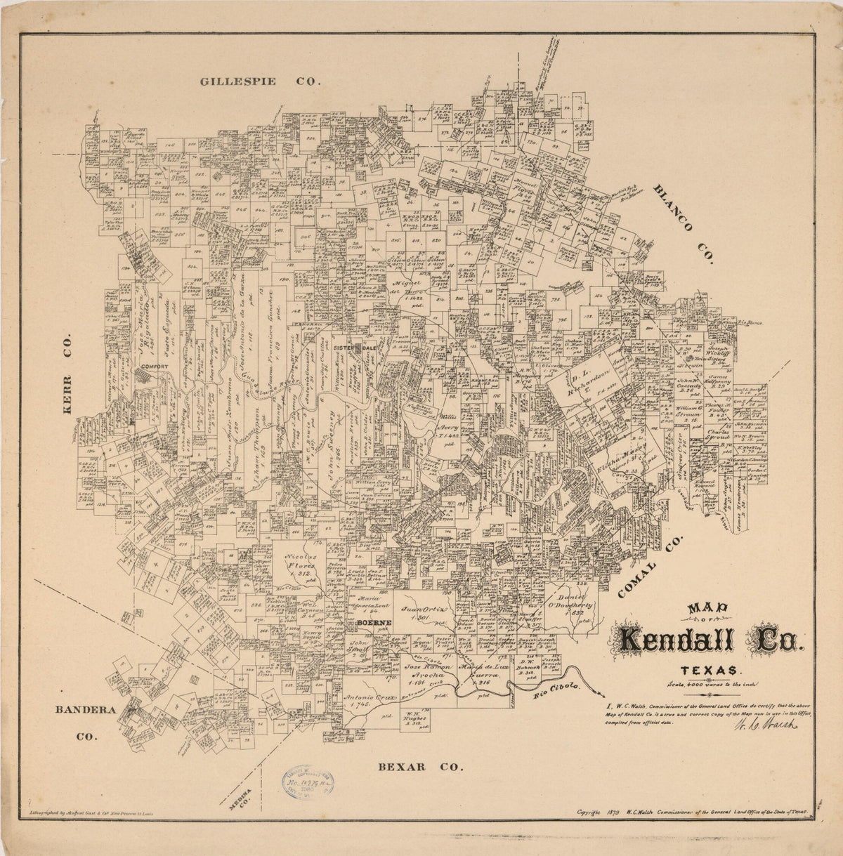 Map of Kendall Co., Texas. (Map of Kendall County, Texas) 1879 by Relic Map Company