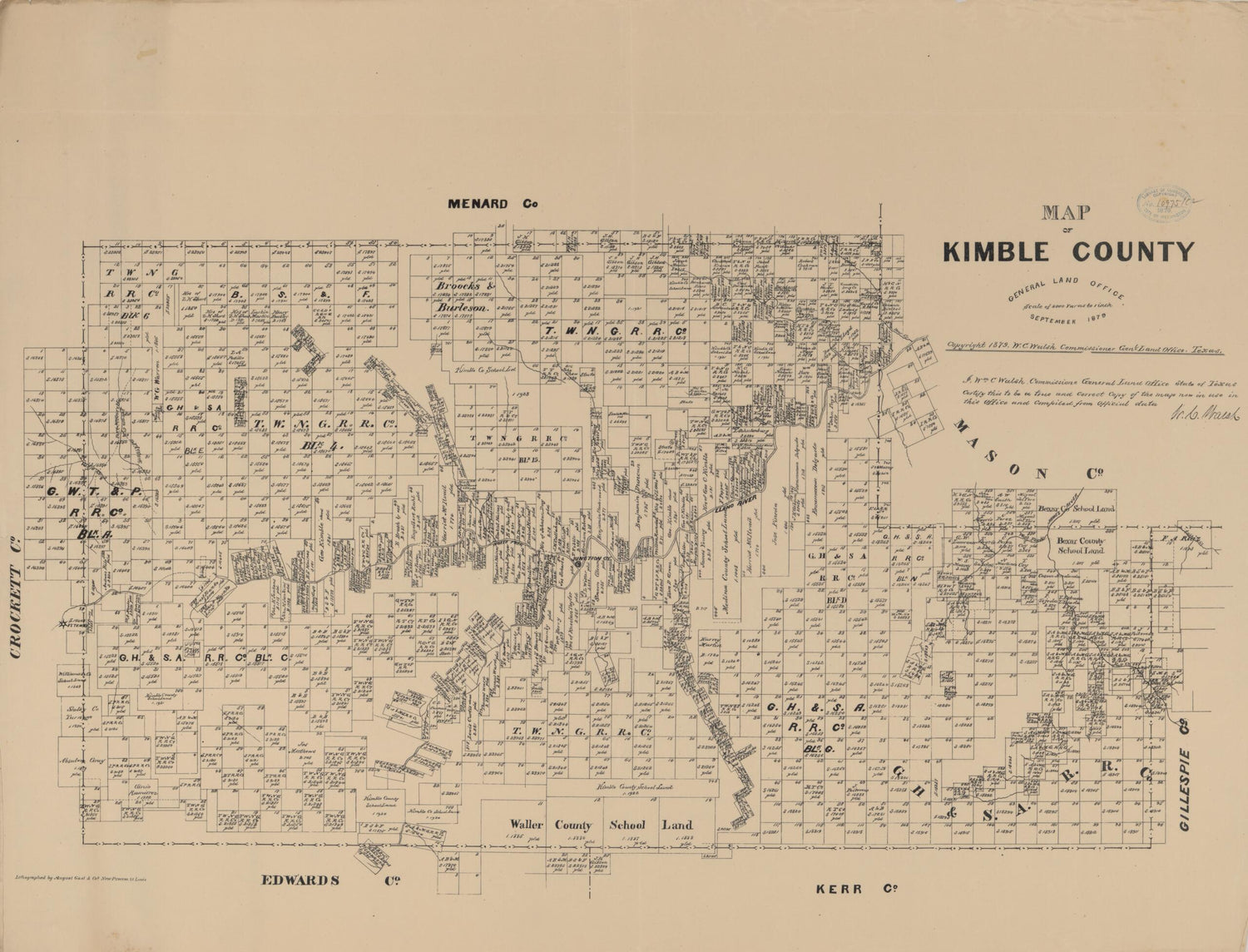 This old map of Map of Kimble County from 1879 was created by  August Gast &amp; Co,  Texas. General Land Office, W. C. (William C.) Walsh in 1879