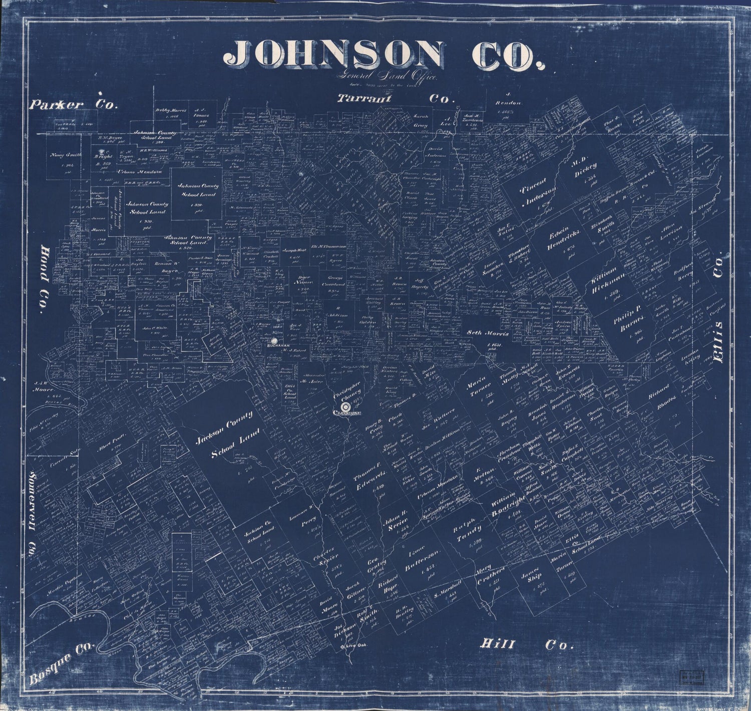 This old map of Johnson Co. (Johnson County, Texas) from 1887 was created by F. G. Blau,  Texas. General Land Office in 1887