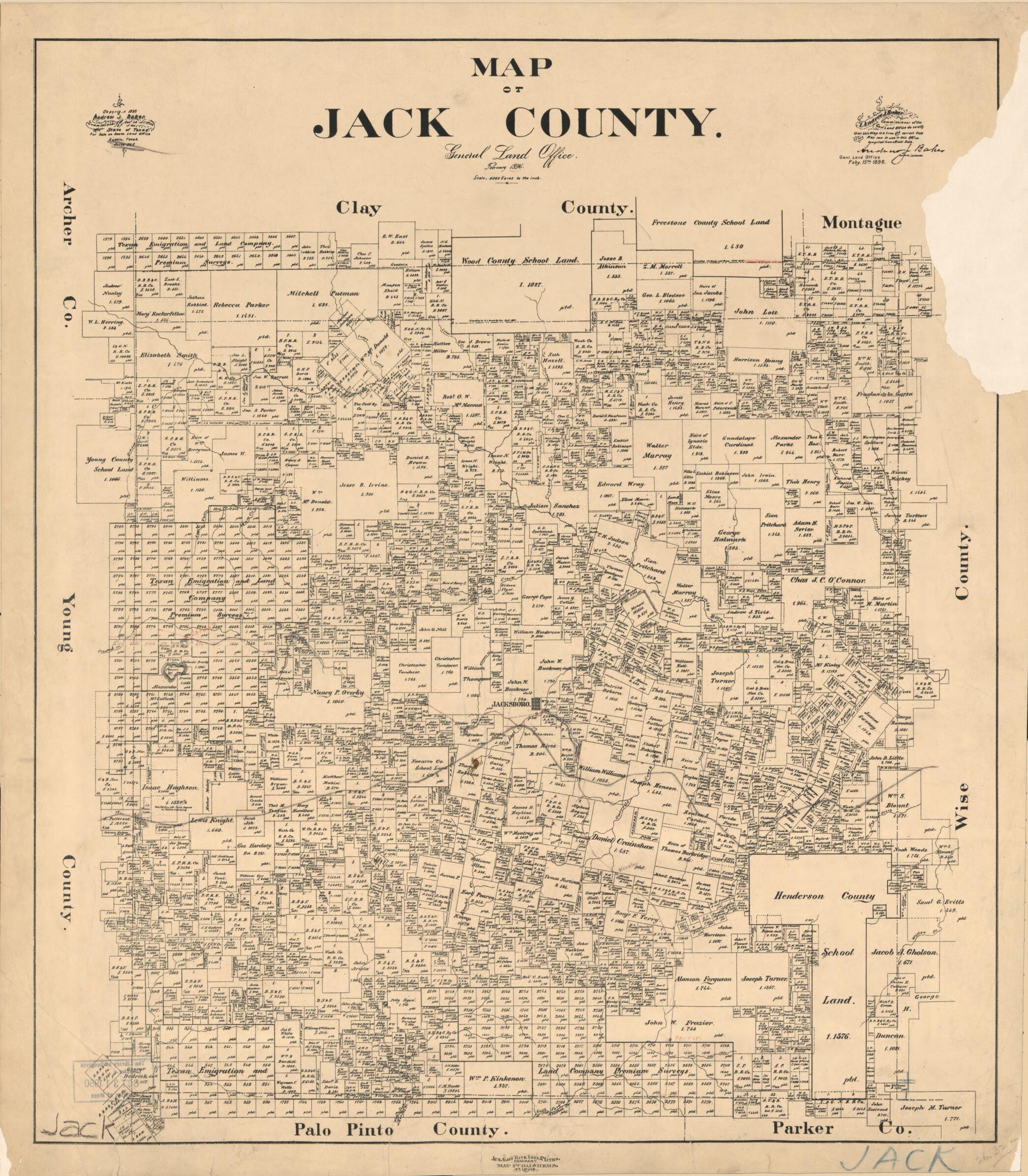 This old map of Map of Jack County from 1896 was created by  August Gast &amp; Co, Andrew J. (Andrew Jackson) Baker,  Texas. General Land Office in 1896