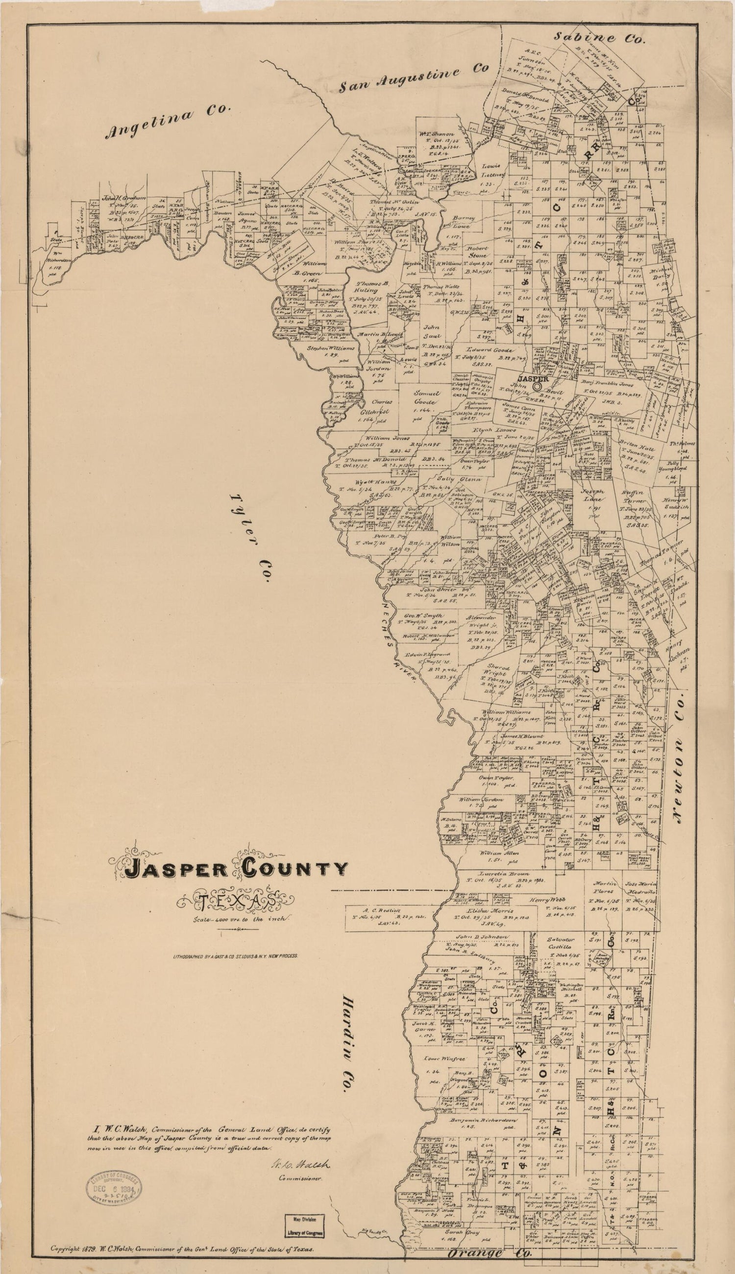 This old map of Jasper County, Texas from 1879 was created by  August Gast &amp; Co,  Texas. General Land Office, W. C. (William C.) Walsh in 1879