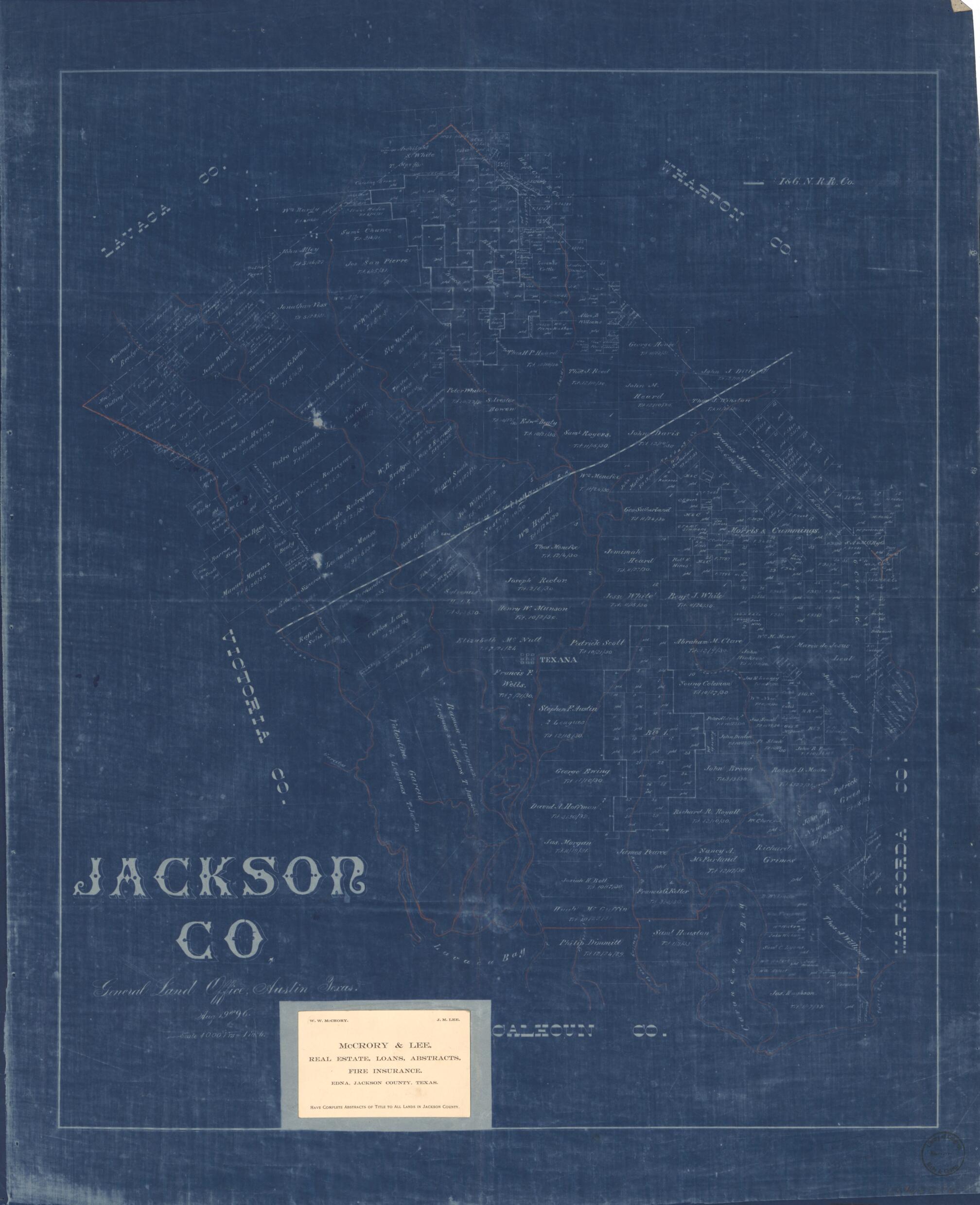 This old map of Jackson Co. (Jackson County, Texas) from 1896 was created by  Texas. General Land Office in 1896