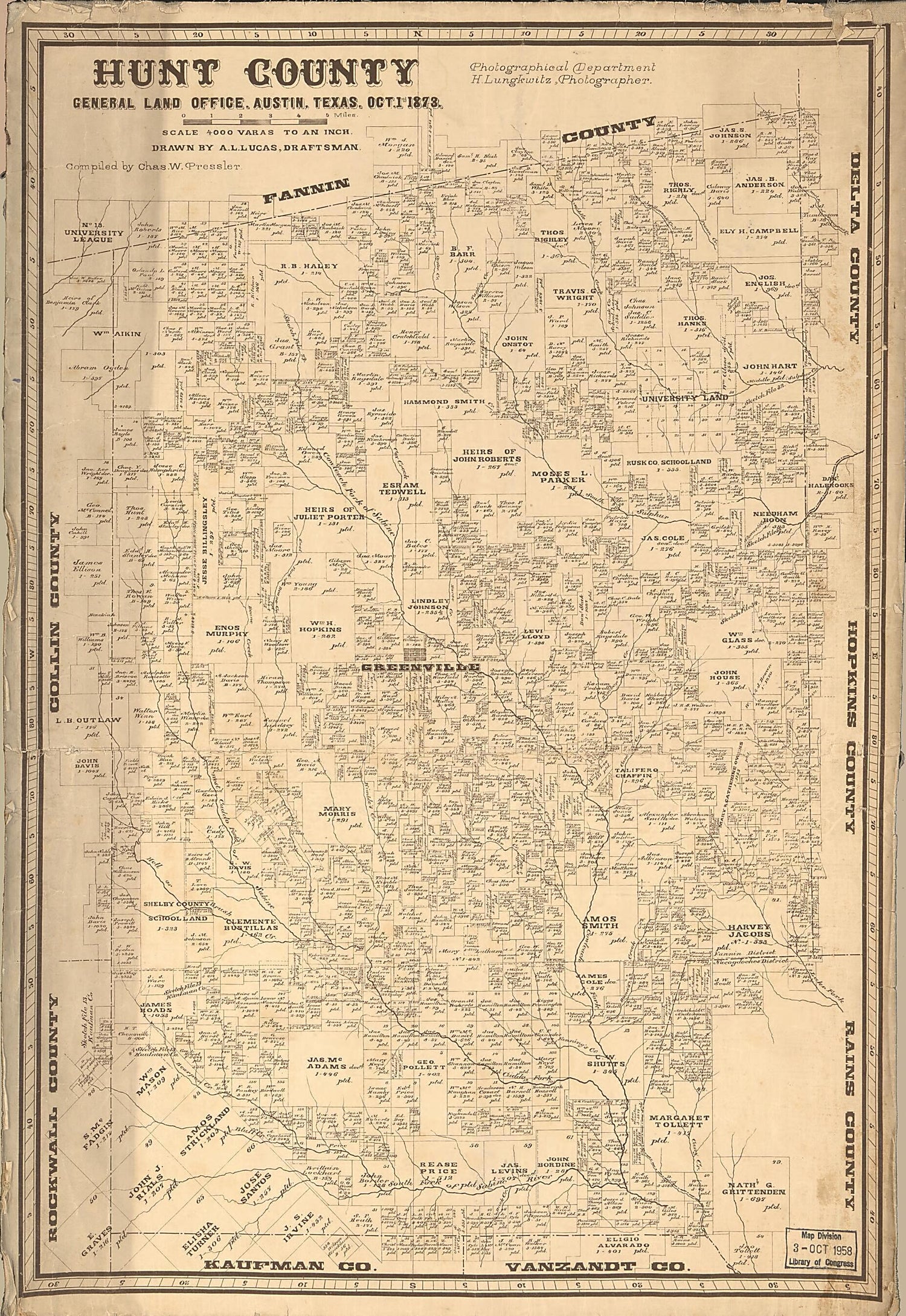 This old map of Hunt County from 1873 was created by A. L. Lucas, Chas. W. Pressler,  Texas. General Land Office in 1873