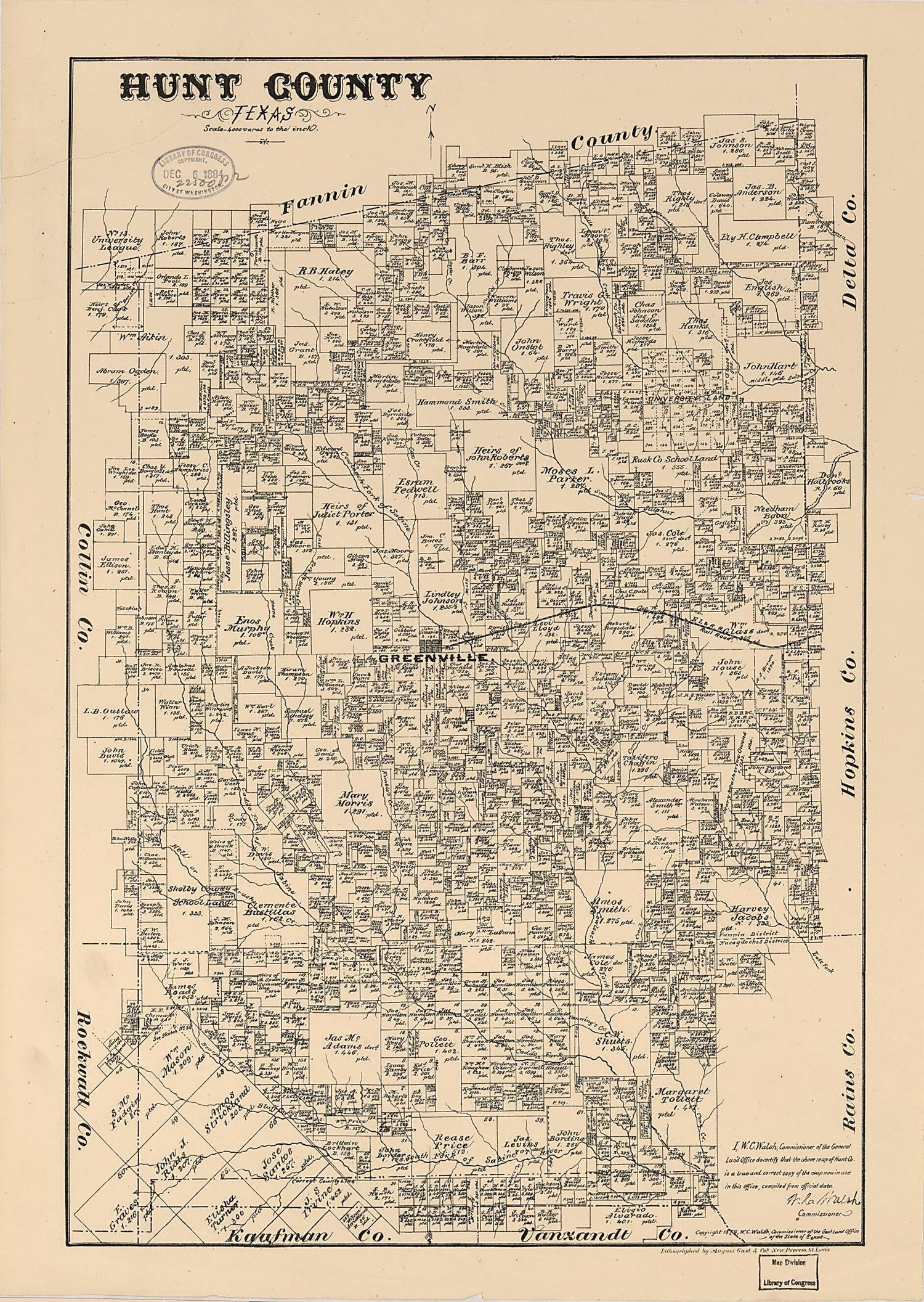 This old map of Hunt County, Texas from 1879 was created by  August Gast &amp; Co,  Texas. General Land Office, W. C. (William C.) Walsh in 1879
