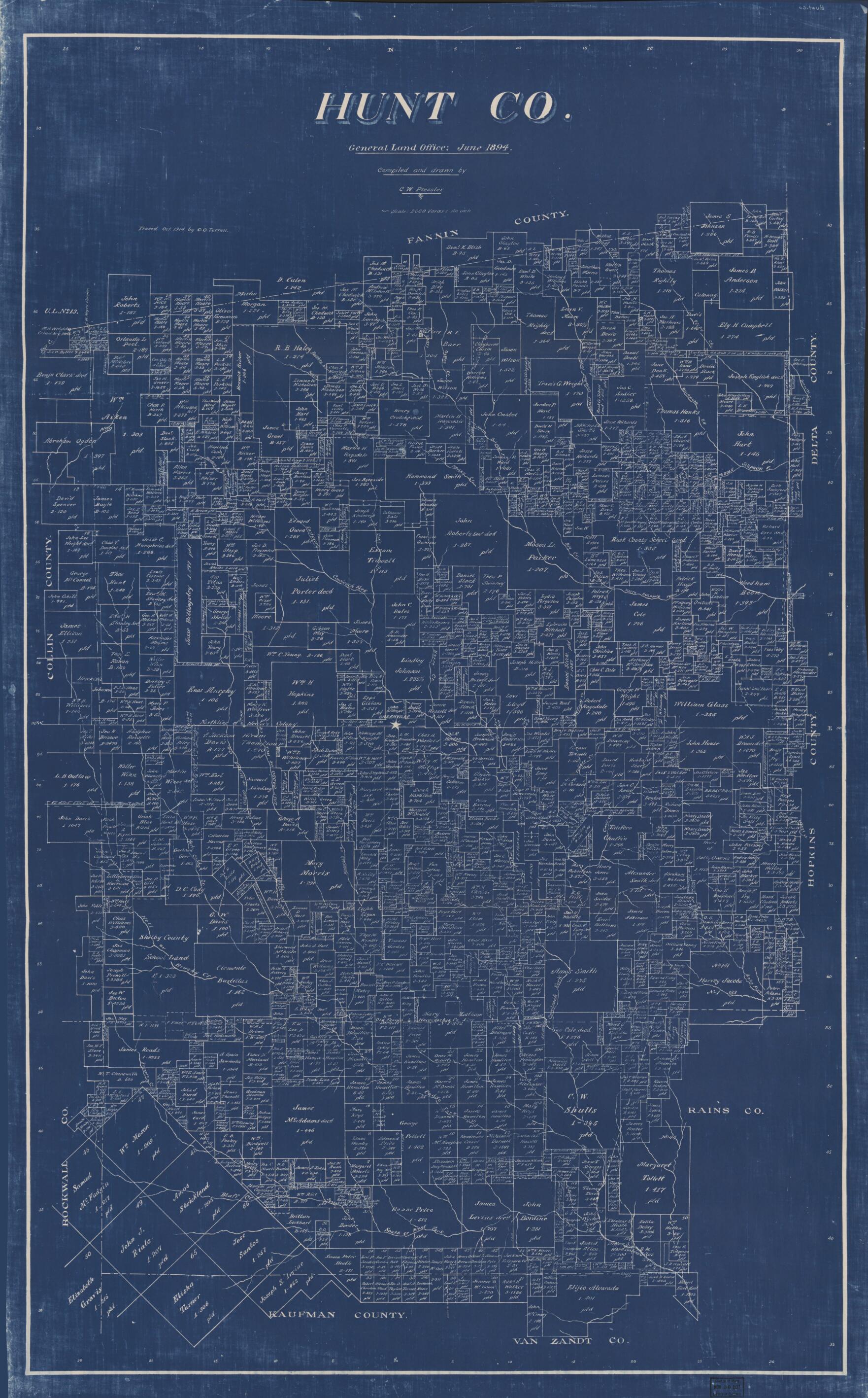 This old map of Hunt Co., Texas (Hunt County, Texas) from 1894 was created by Chas. W. Pressler,  Texas. General Land Office in 1894