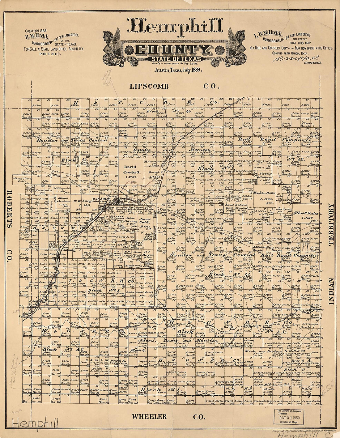 This old map of Hemphill County, State of Texas from 1888 was created by R. M. Hall in 1888