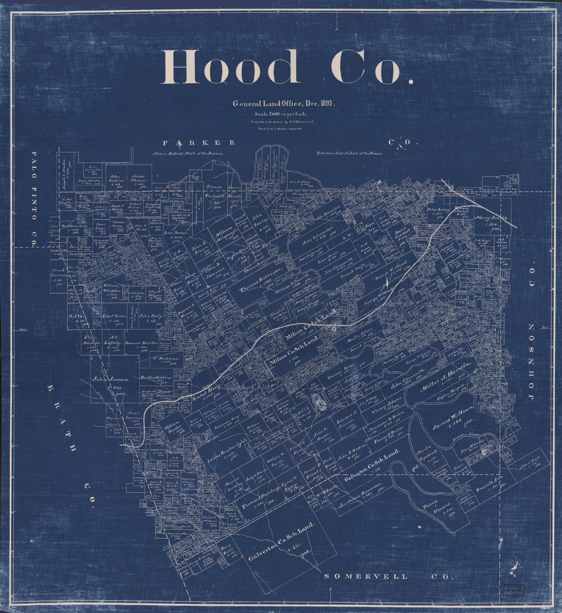 This old map of Hood Co., Texas (Hood County, Texas) from 1893 was created by G. N. Beaumont,  Texas. General Land Office in 1893