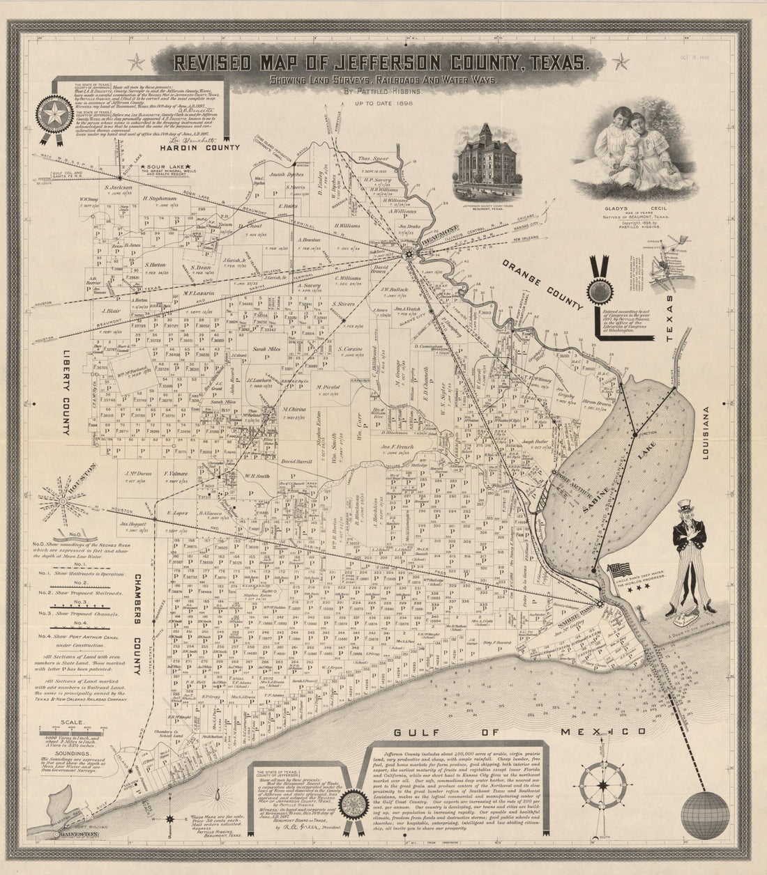 This old map of Revised Map of Jefferson County, Texas : Showing Land Surveys, Railroads and Water Ways from 1898 was created by Pattillo Higgins in 1898