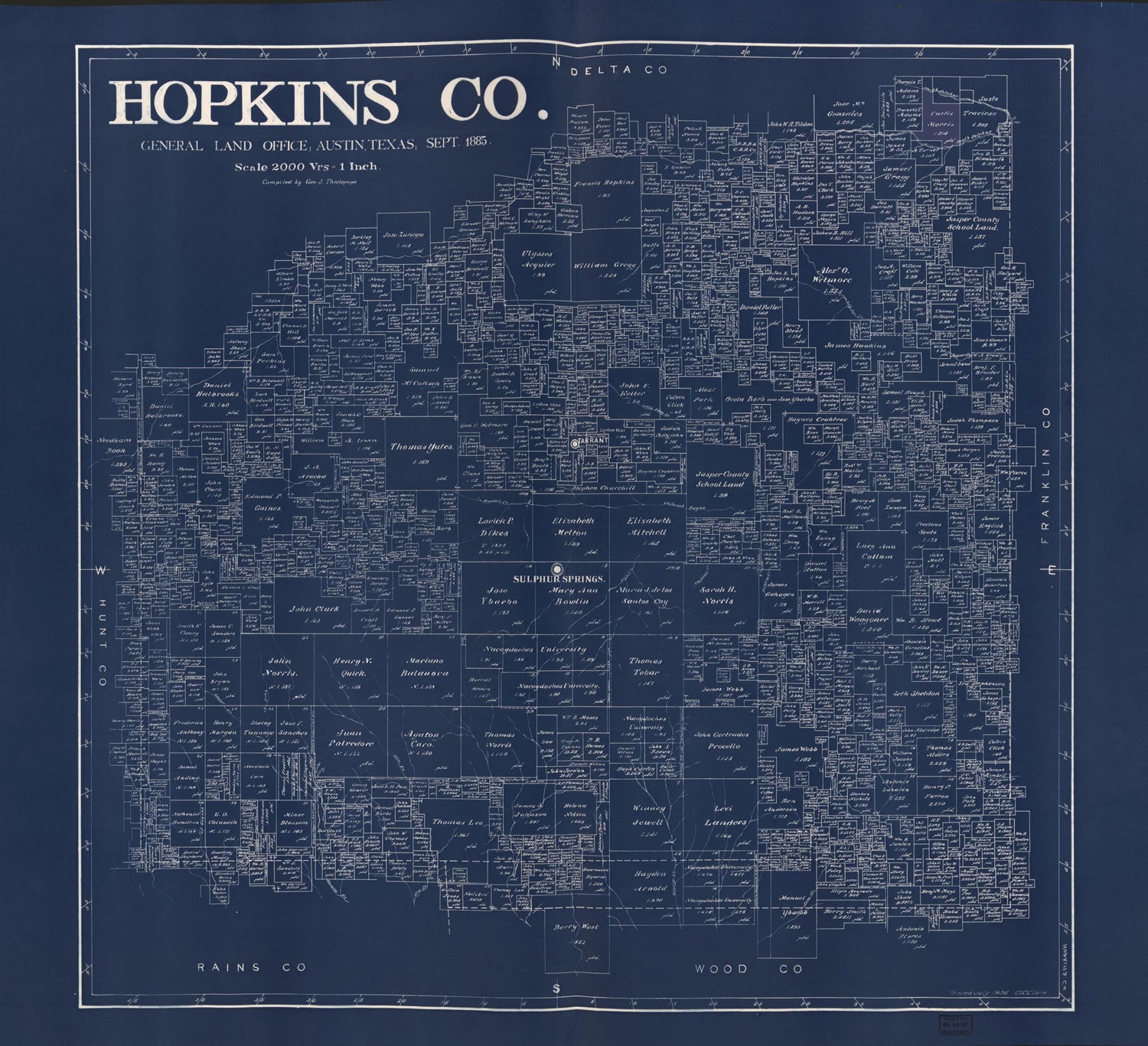 This old map of Hopkins Co. (Hopkins County, Texas) from 1885 was created by  Texas. General Land Office, Geo. J. Thielepape in 1885