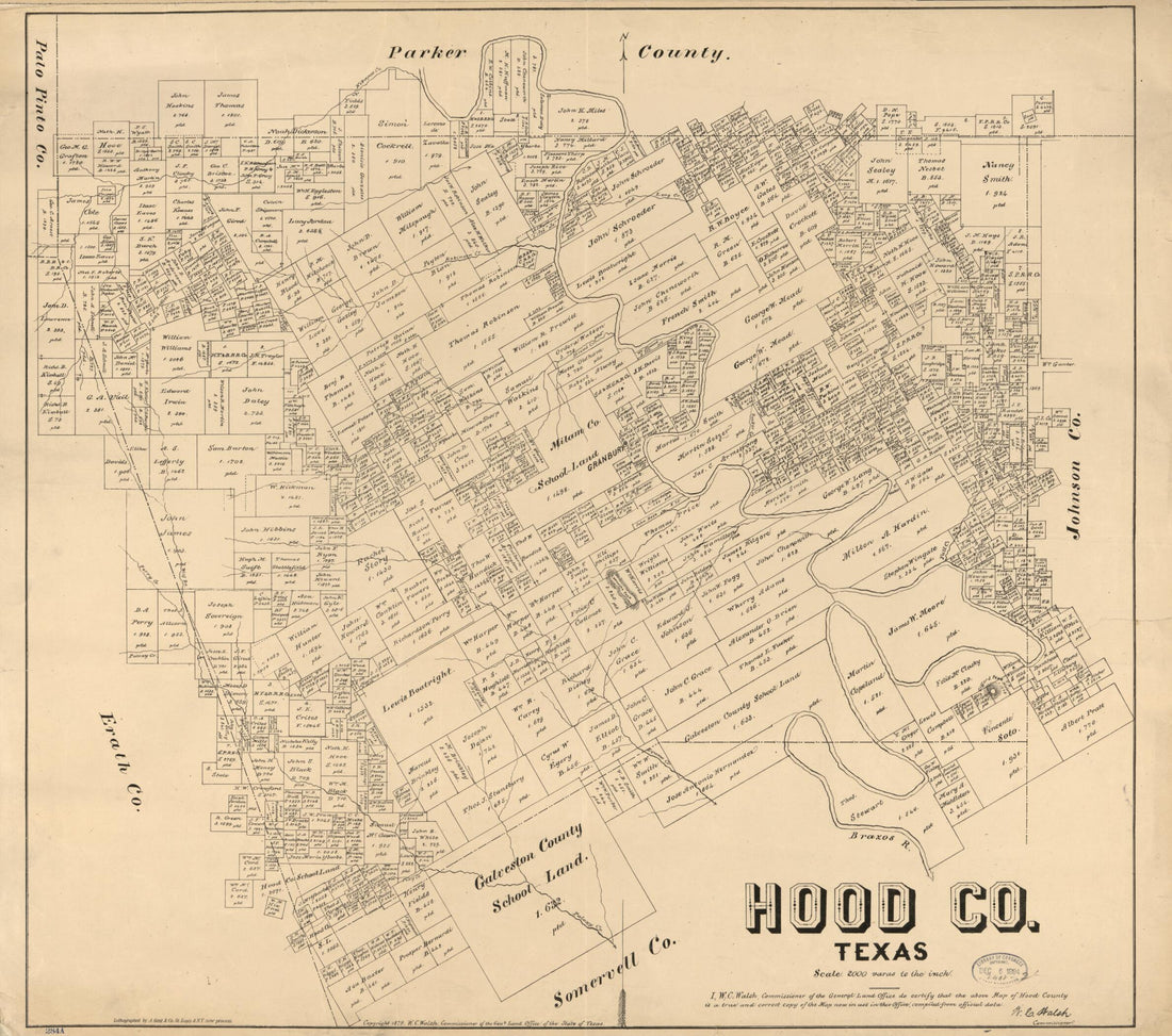 This old map of Hood Co., Texas. (Hood County, Texas) from 1879 was created by  August Gast &amp; Co,  Texas. General Land Office, W. C. (William C.) Walsh in 1879