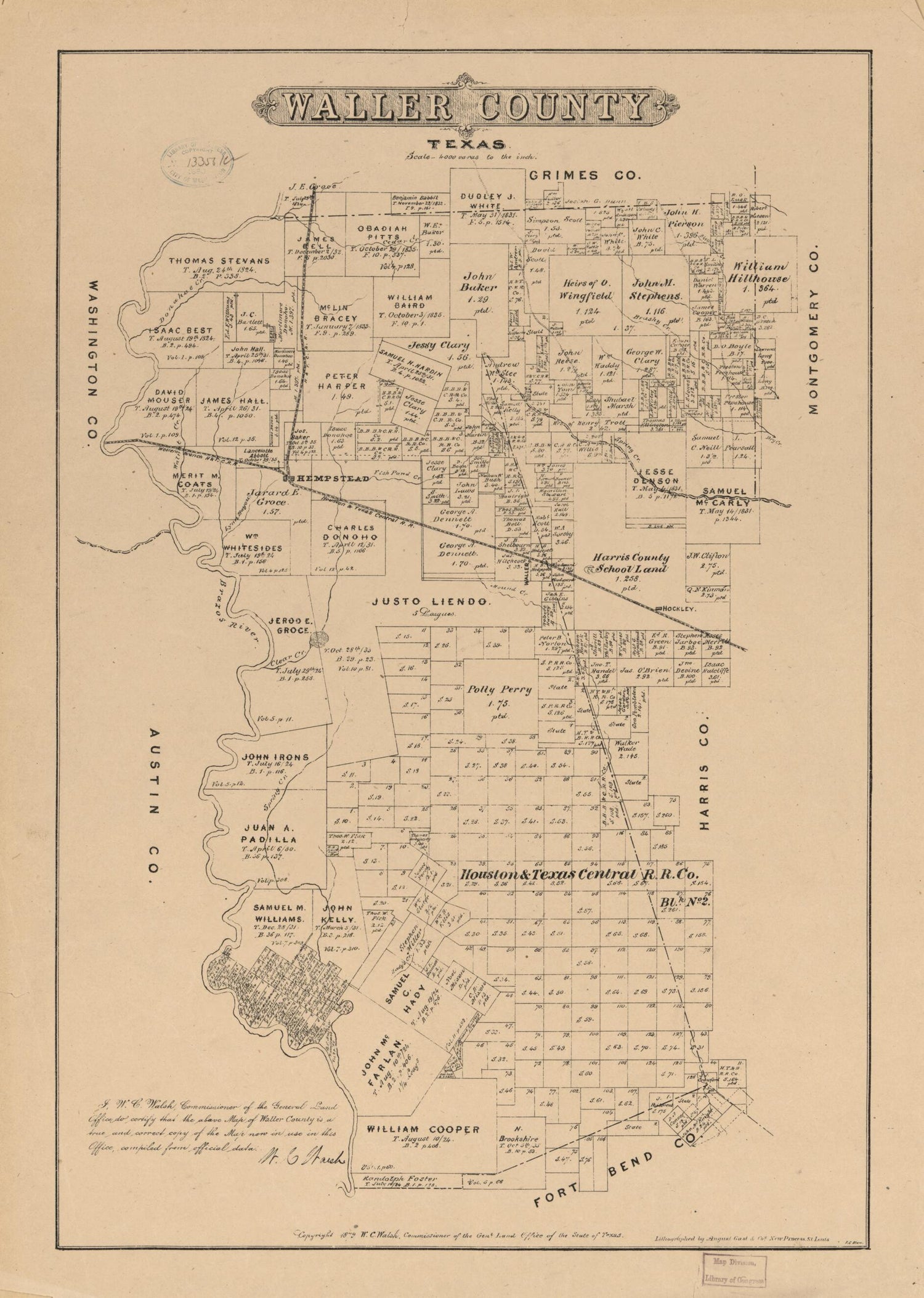 This old map of Waller County, Texas from 1879 was created by  August Gast &amp; Co,  Texas. General Land Office, W. C. (William C.) Walsh in 1879