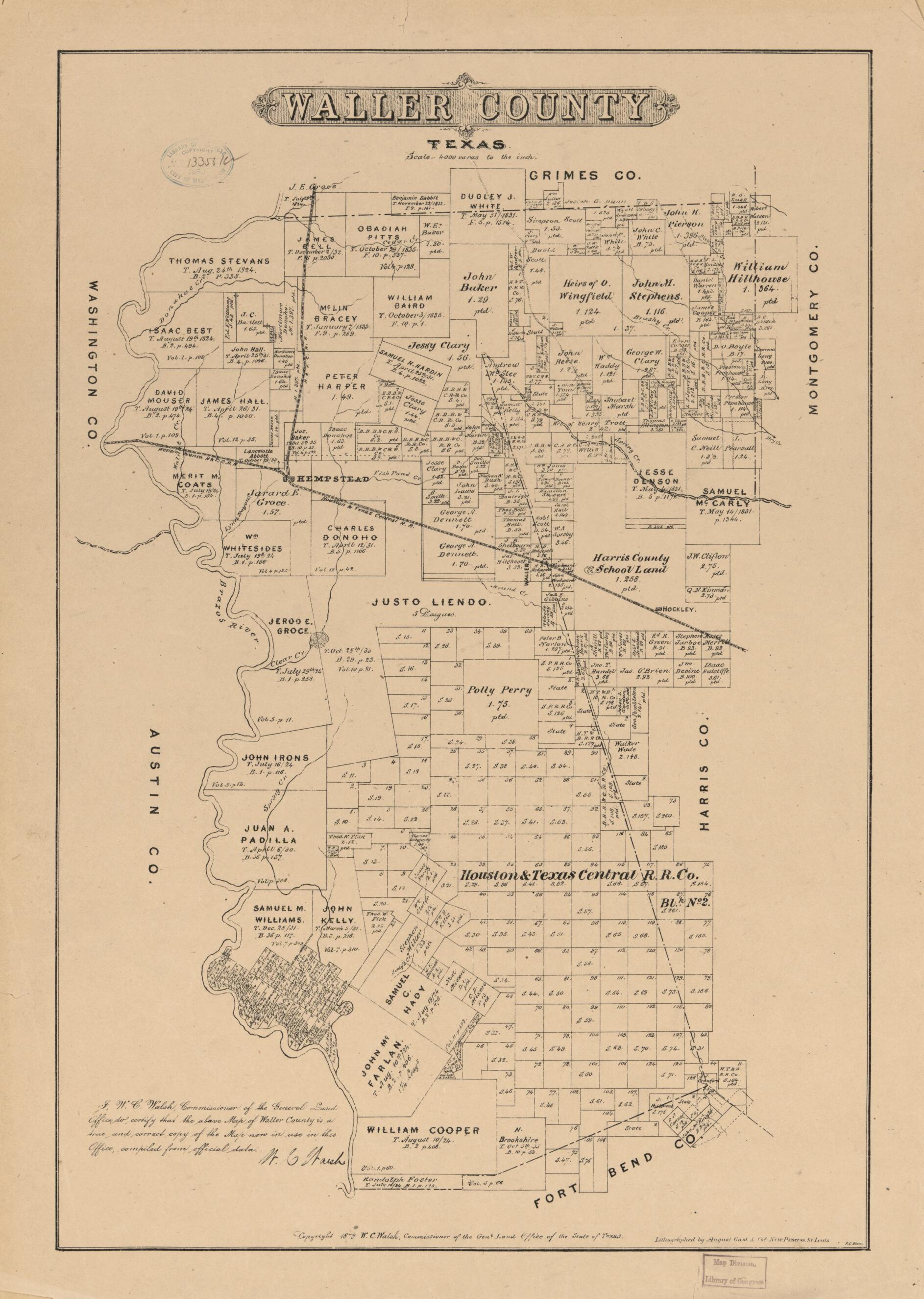 This old map of Waller County, Texas from 1879 was created by  August Gast &amp; Co,  Texas. General Land Office, W. C. (William C.) Walsh in 1879