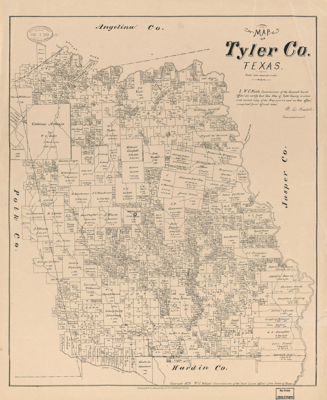 This old map of Map of Tyler Co., Texas. (Map of Tyler County, Texas) from 1879 was created by  August Gast &amp; Co,  Texas. General Land Office, W. C. (William C.) Walsh in 1879