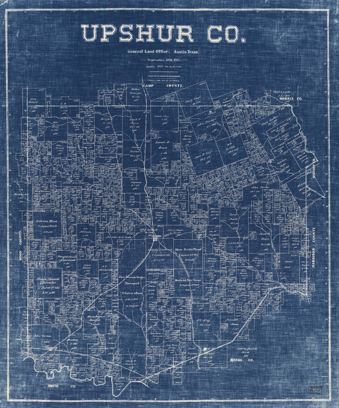 This old map of Upshur Co. (Upshur County, Texas) from 1897 was created by Chas. W. Pressler,  Texas. General Land Office in 1897