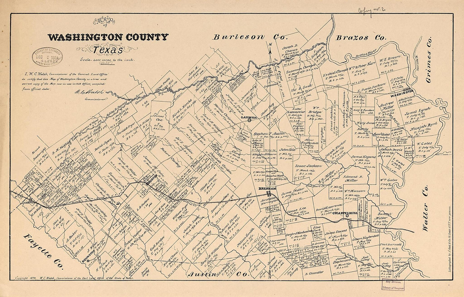 This old map of Map of Washington County, Texas from 1879 was created by  August Gast &amp; Co,  Texas. General Land Office, W. C. (William C.) Walsh in 1879