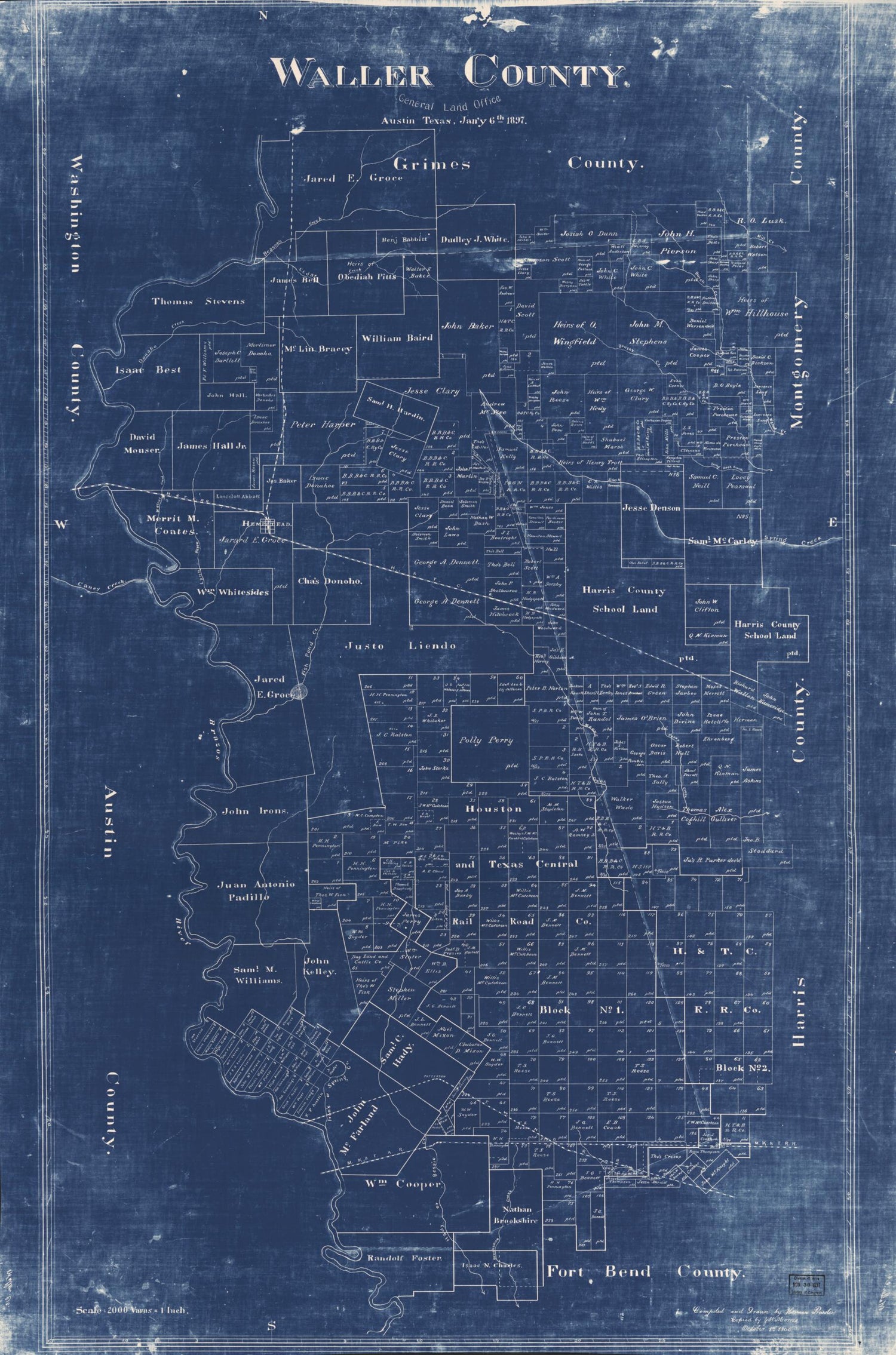 This old map of Waller County from 1897 was created by Herman Pressler,  Texas. General Land Office in 1897