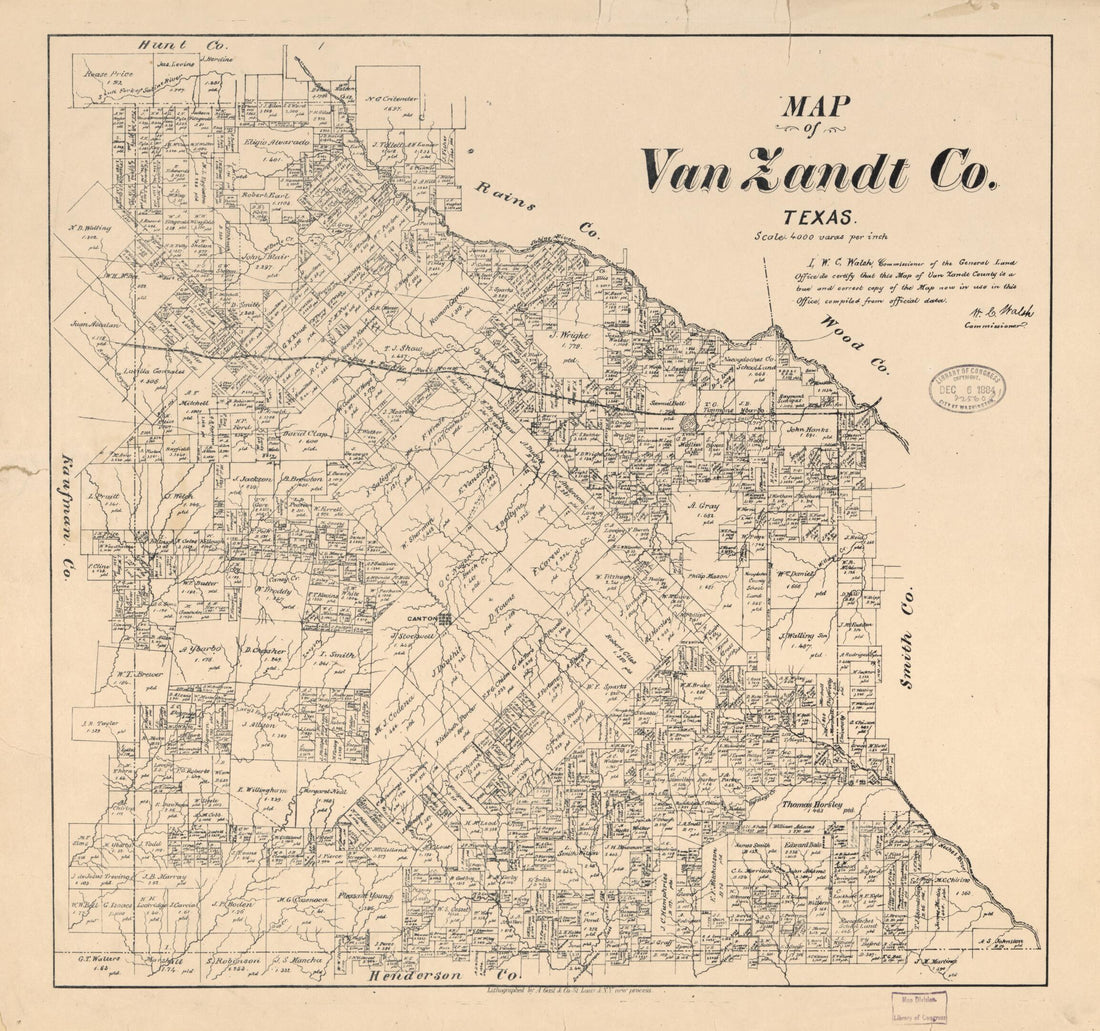This old map of Map of Van Zandt Co., Texas. (Map of Van Zandt County, Texas) from 1884 was created by  August Gast &amp; Co,  Texas. General Land Office, W. C. (William C.) Walsh in 1884
