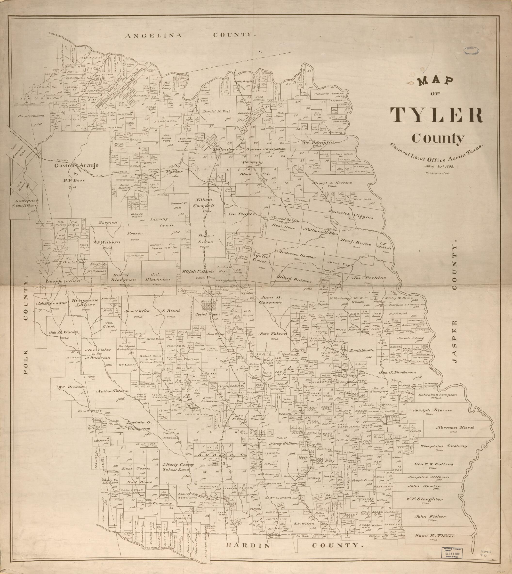 This old map of Map of Tyler County from 1898 was created by  Texas. General Land Office in 1898