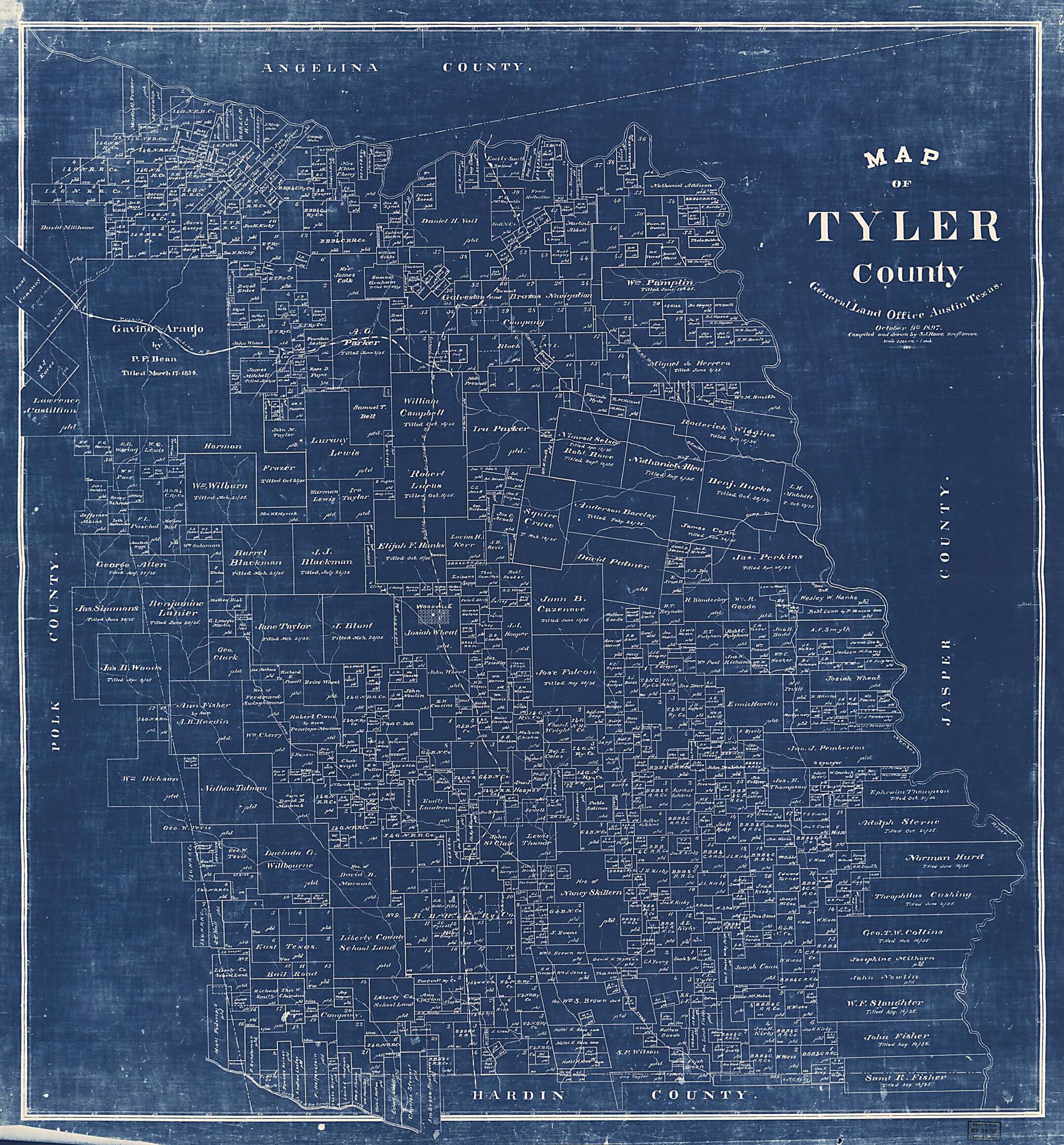 This old map of Map of Tyler County / Compiled and Drawn by S.J. Rowe, Draftsman from 1897 was created by S. J. Rowe,  Texas. General Land Office in 1897