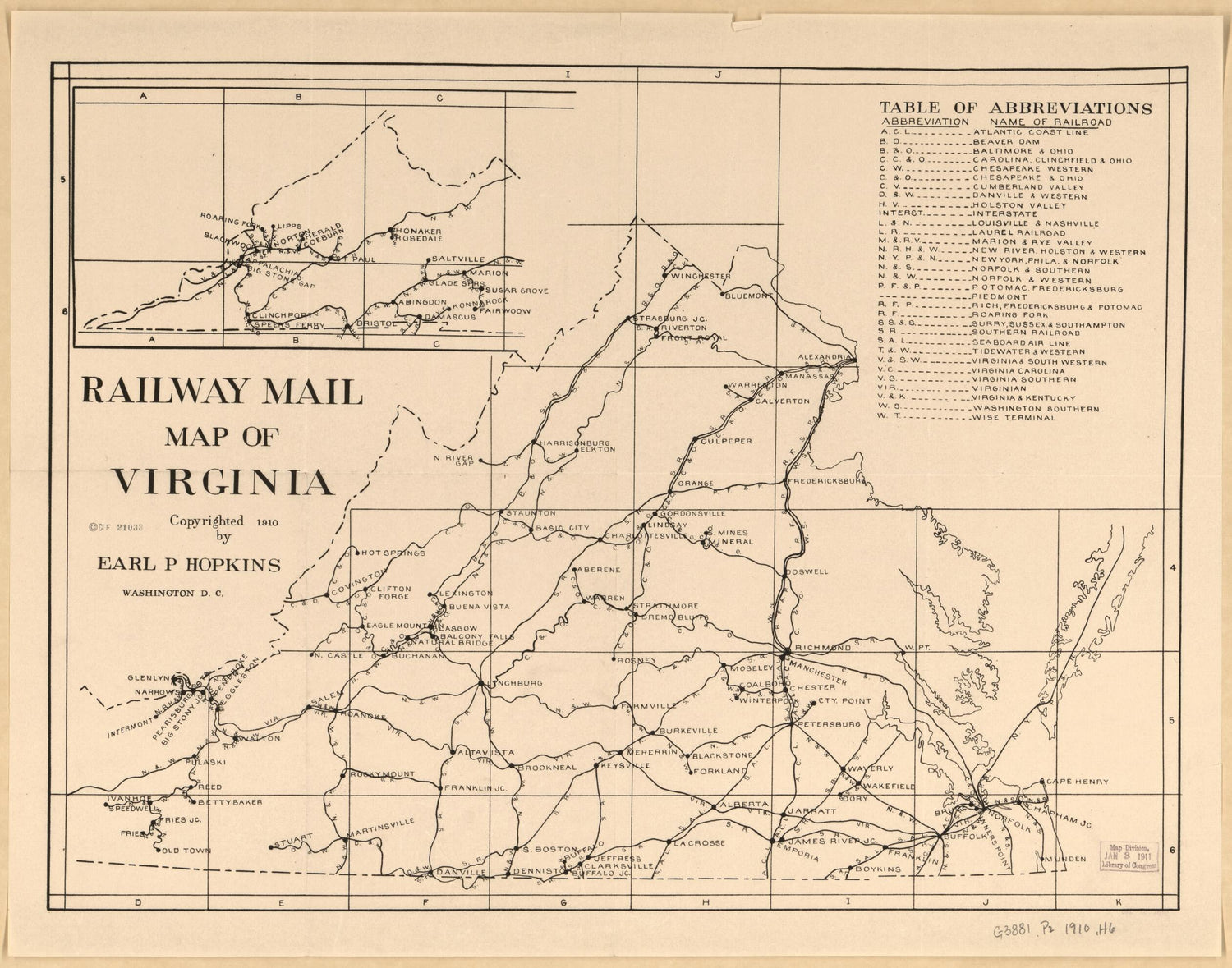 This old map of Railway Mail Map of Virginia from 1910 was created by Earl P. (Earl Palmer) Hopkins in 1910