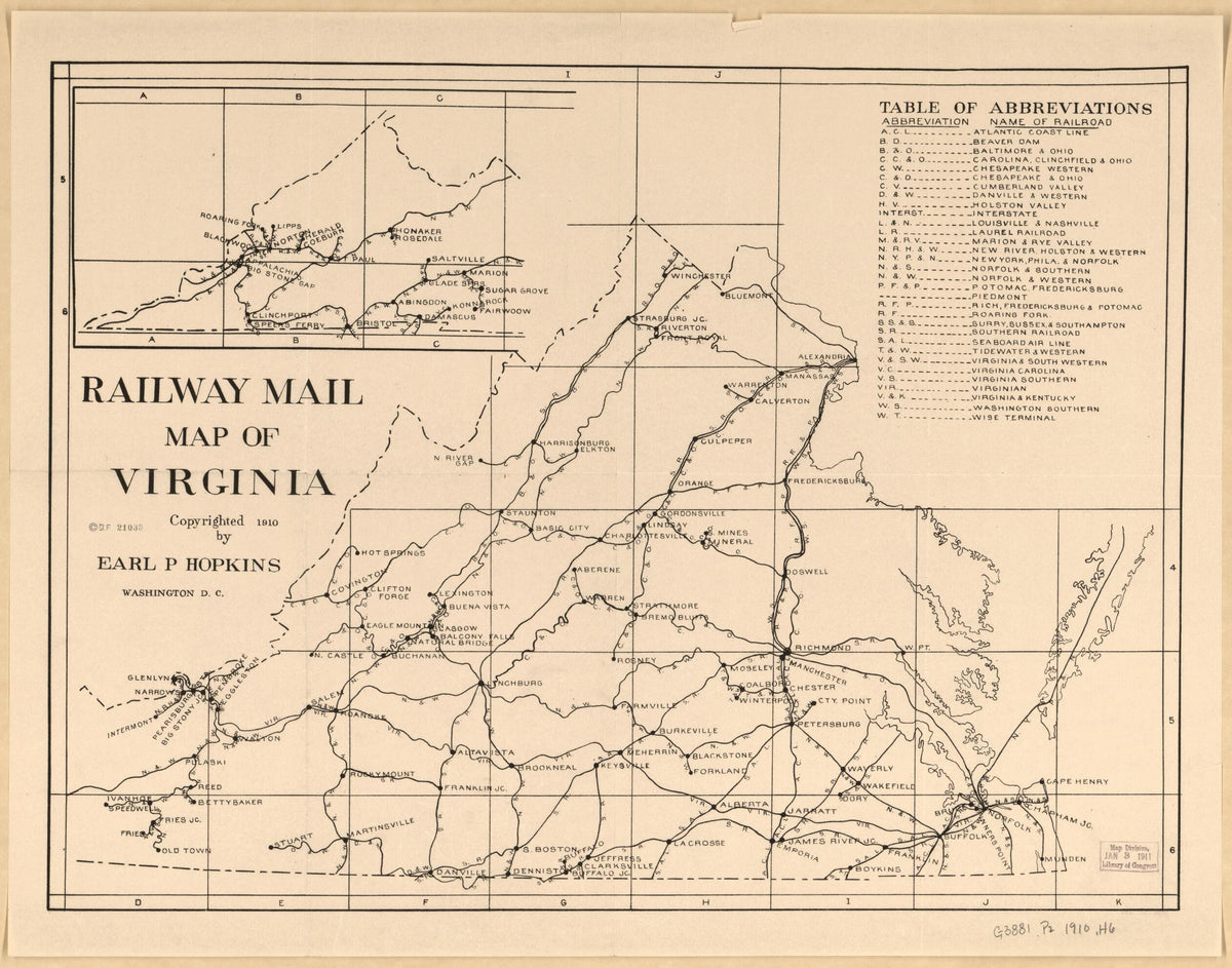 Railway Mail Map of Virginia 1910 by Relic Map Company