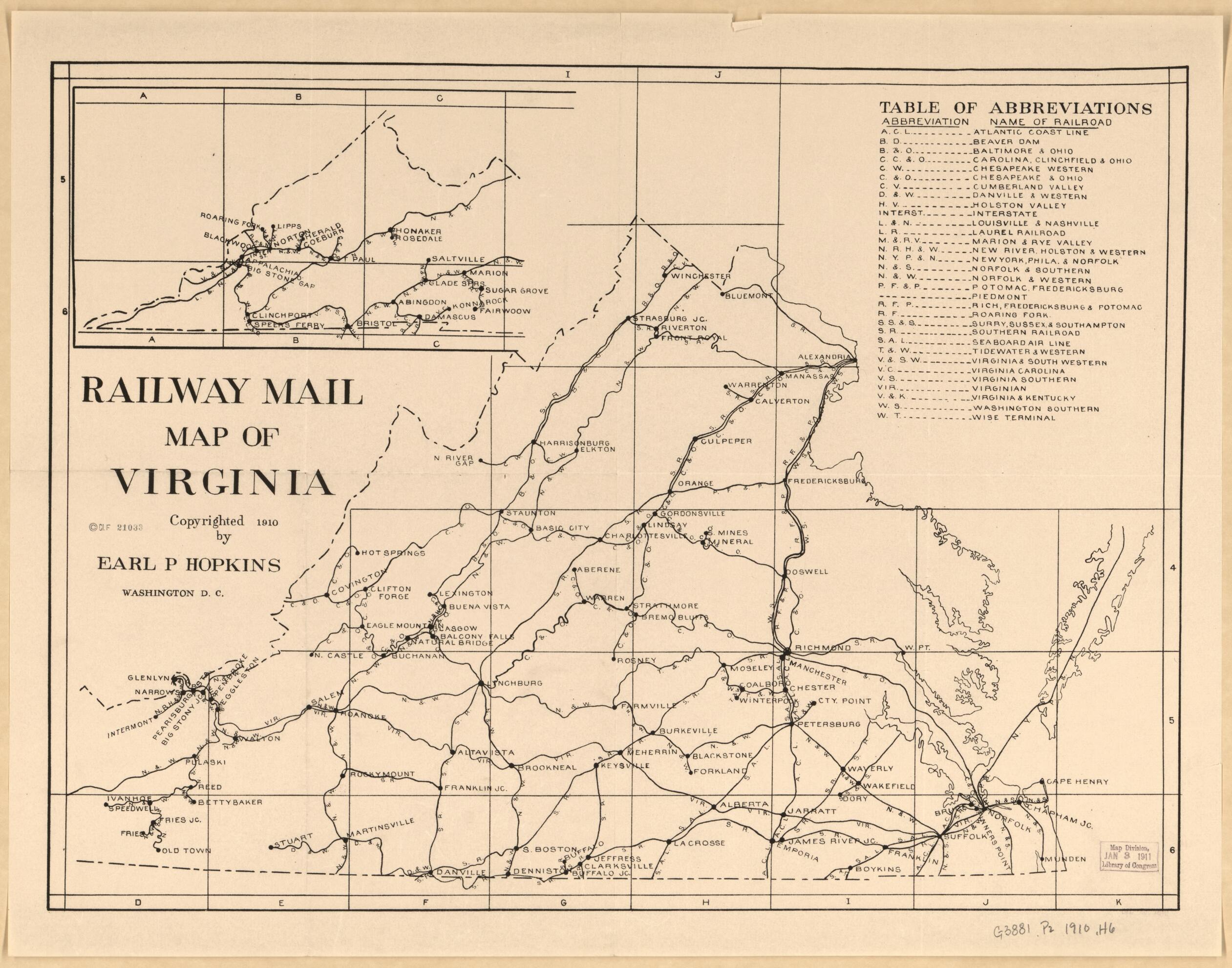 This old map of Railway Mail Map of Virginia from 1910 was created by Earl P. (Earl Palmer) Hopkins in 1910