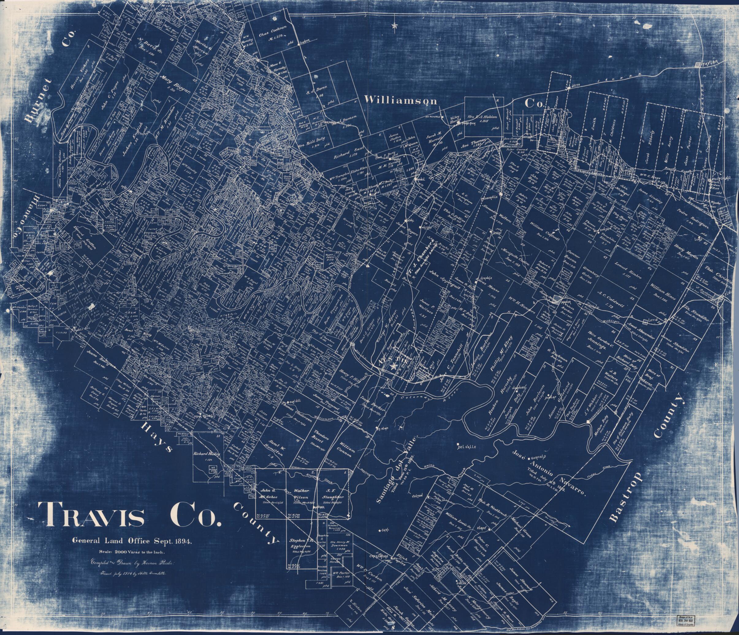 This old map of Travis Co. (Travis County, Texas) from 1894 was created by Herman Pressler in 1894