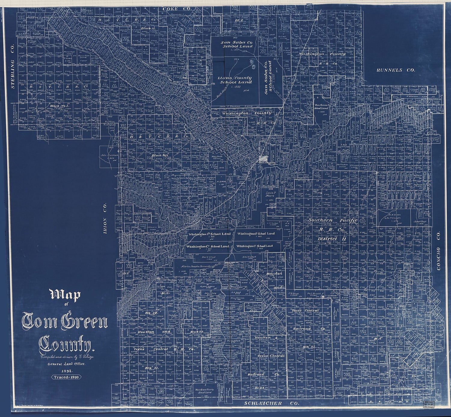 This old map of Map of Tom Green County from 1892 was created by E. Schütze,  Texas. General Land Office in 1892