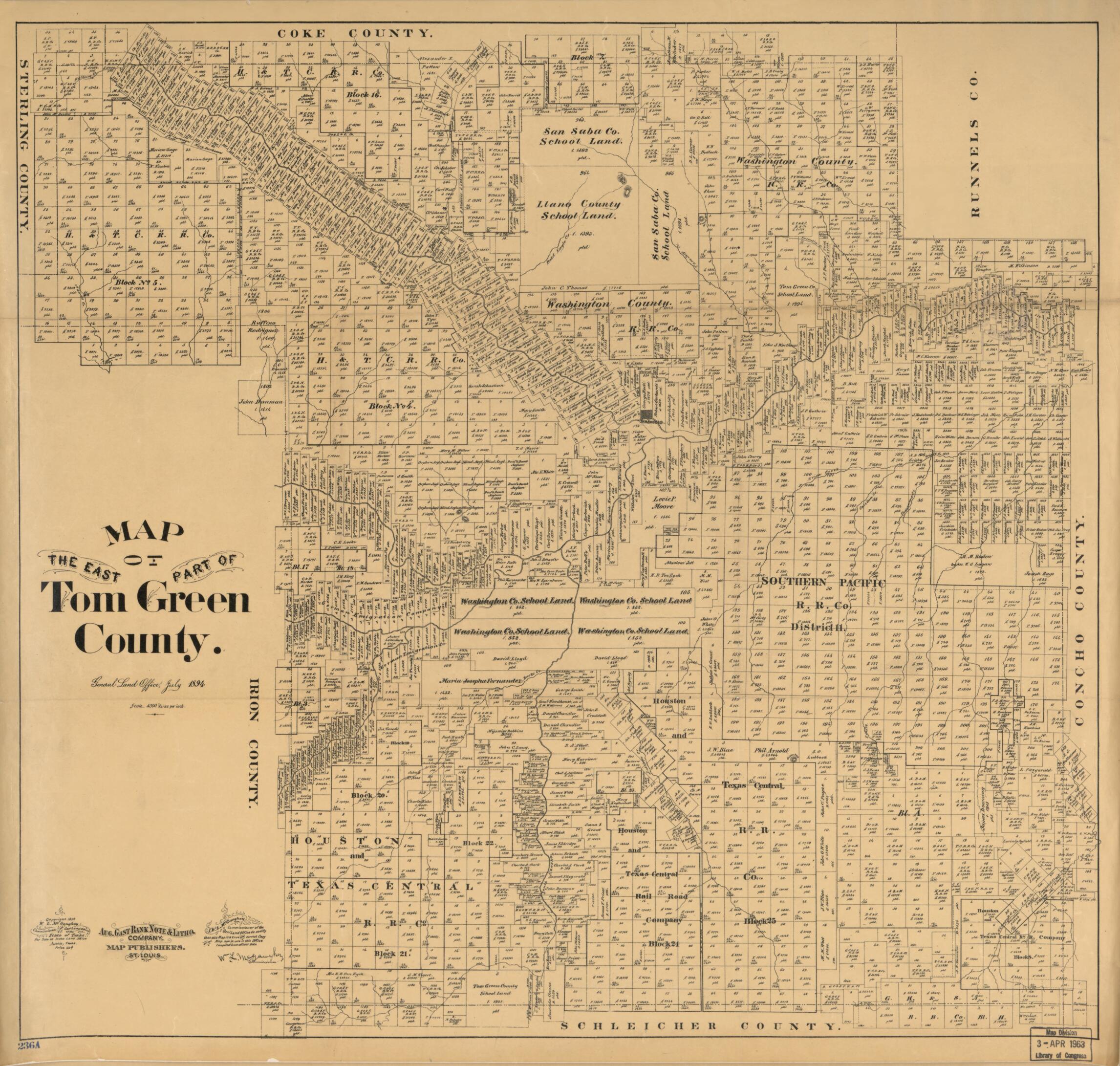 This old map of Map of the East Part of Tom Green County from 1894 was created by W. L. McGaughey,  Texas. General Land Office in 1894