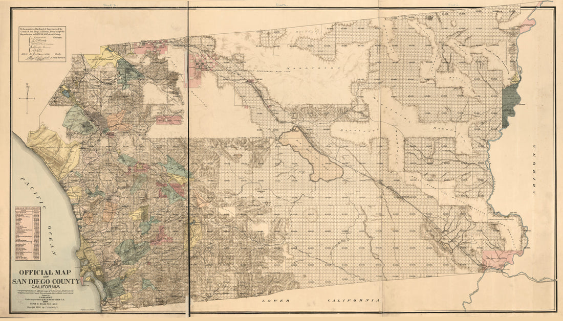 This old map of Official Map of San Diego County, California : Compiled from Latest Official Maps of U.S. Surveys, Railroad and Irrigation Surveys, County Records, and Other Reliable Sources, And from 1889 was created by T. D. (Thomas Dykes) Beasley, Jam