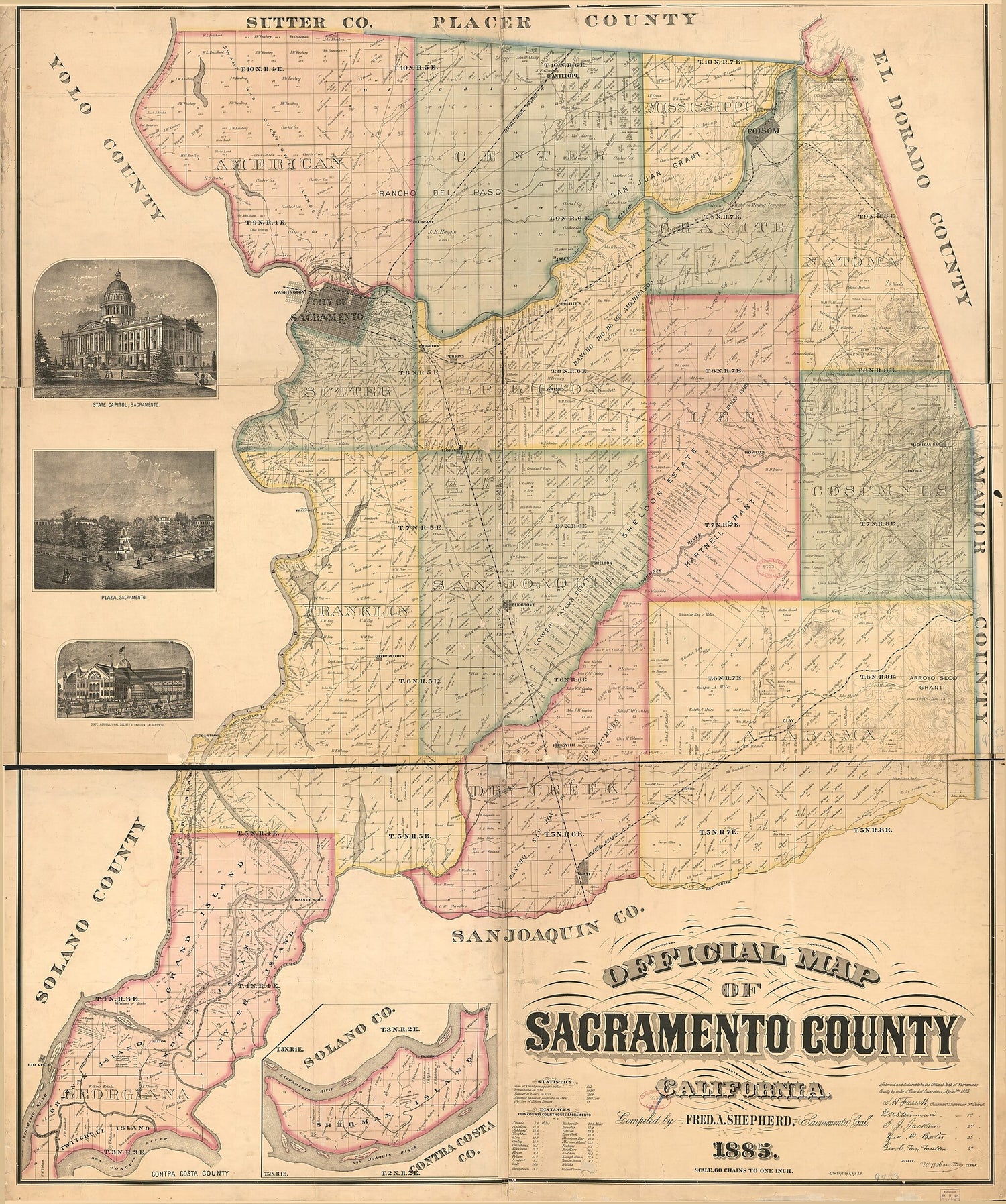 This old map of Official Map of Sacramento County, California from 1885 was created by  Britton &amp; Rey, Fred. A. Shepherd in 1885