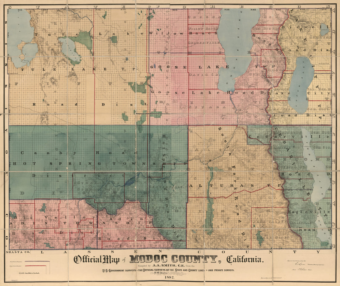 This old map of Official Map of Modoc County, California from 1887 was created by  Britton &amp; Rey, D. W. Jenks, A. A. Smith in 1887