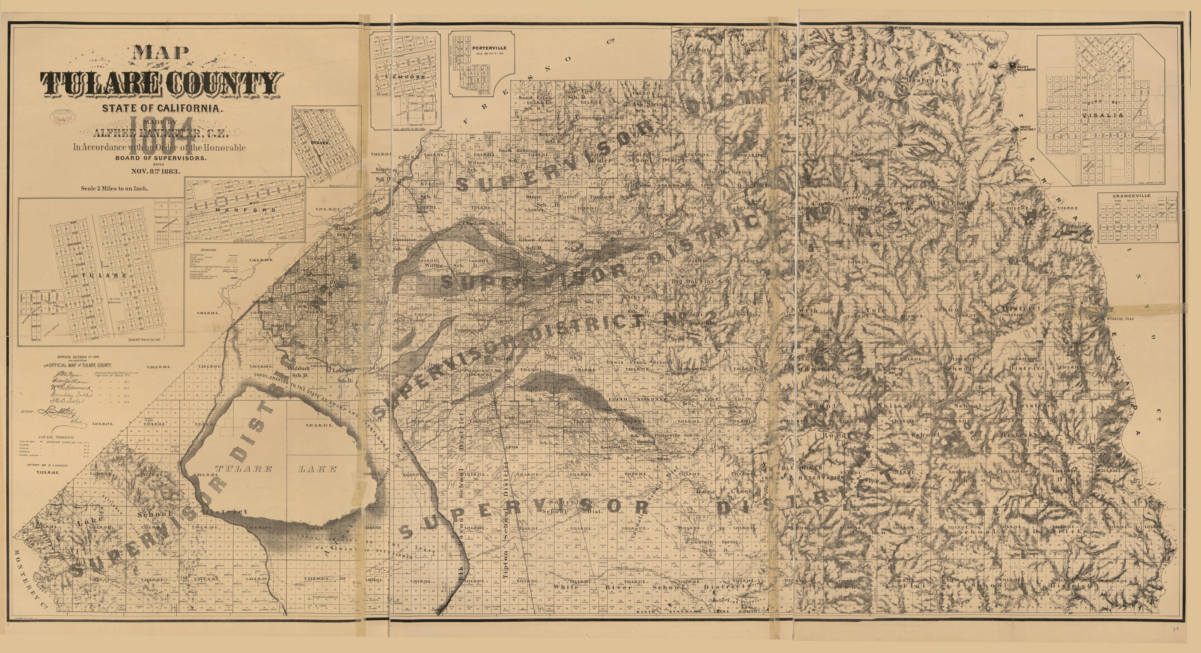 This old map of Map of Tulare County, State of California from 1884 was created by Alfred Bannister,  Britton &amp; Rey in 1884