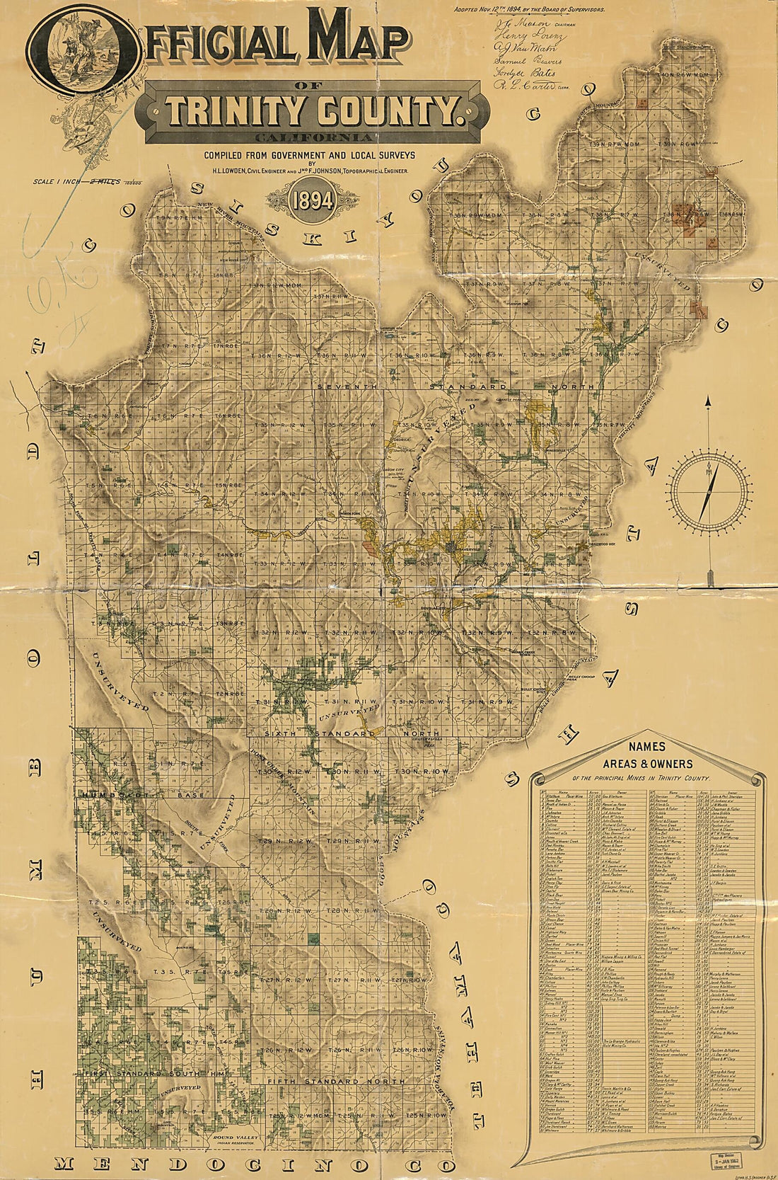 This old map of Official Map of Trinity County, California : Compiled from Government and Local Surveys from 1894 was created by  H.S. Crocker &amp; Co, Jno. F. (John F.) Johnson, Henry L. Lowden in 1894