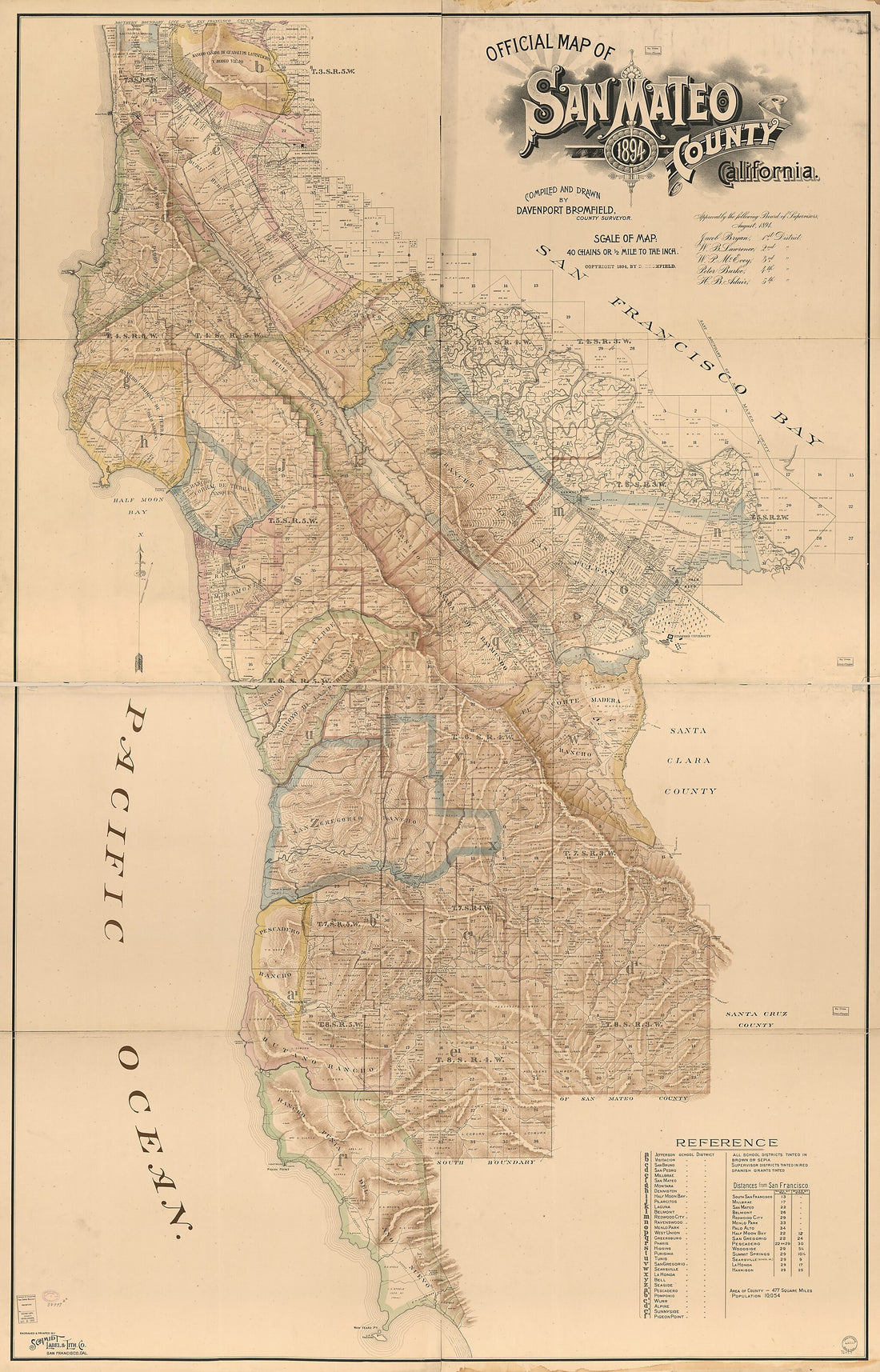 This old map of Official Map of San Mateo County, California from 1894 was created by D. (Davenport) Bromfield,  Schmidt Label &amp; Litho. Co in 1894