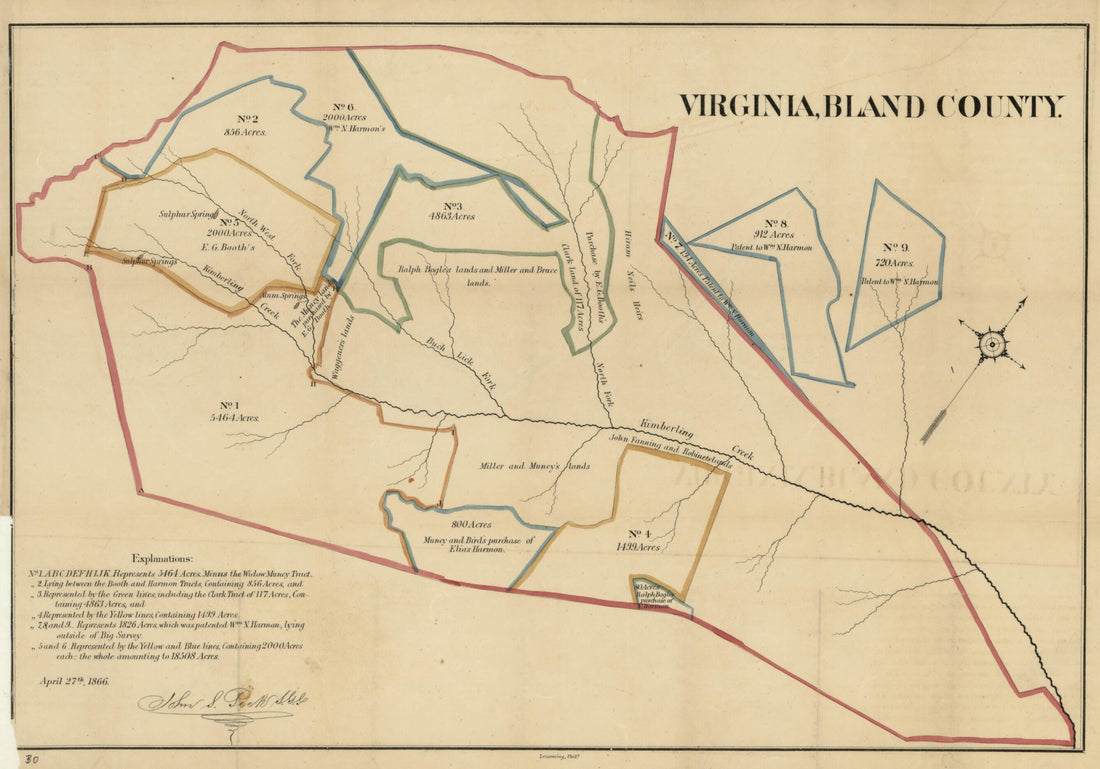 This old map of Virginia, Bland County from 1866 was created by John S. Peek in 1866