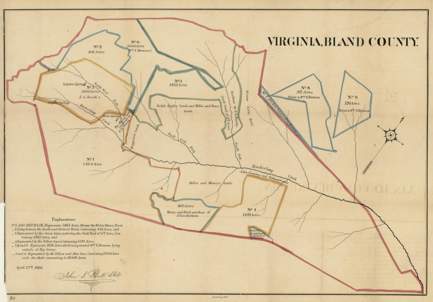 This old map of Virginia, Bland County from 1866 was created by John S. Peek in 1866