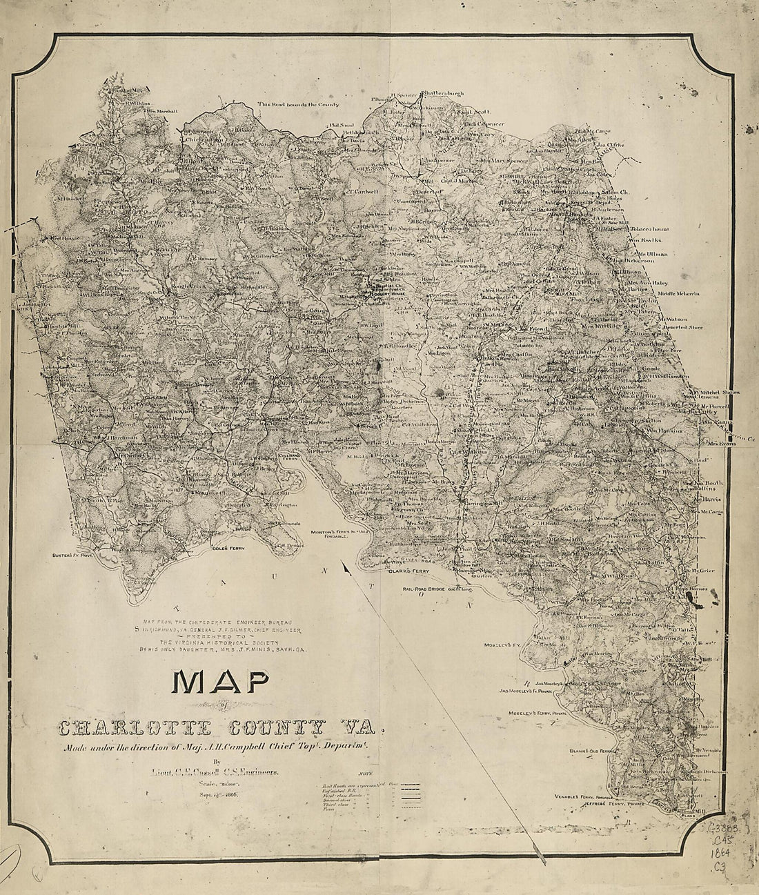 This old map of Map of Charlotte County, Va. (Map of Charlotte County, Virginia) from 1864 was created by Albert H. (Albert Henry) Campbell, Charles E. Cassell,  Confederate States of America. Army. Department of Northern Virginia. Chief Engineer&