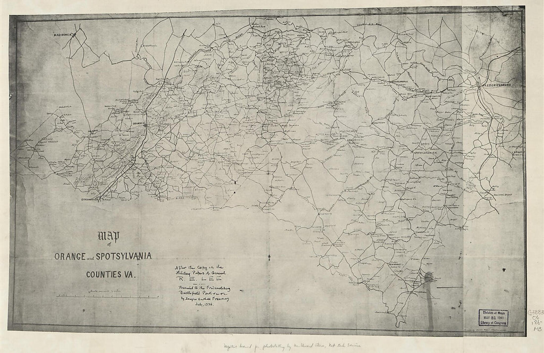 This old map of Map of Orange and Spotsylvania Counties, Va. (Map of Orange and Spotsylvania Counties, Virginia) from 1860 was created by Douglas Southall Freeman in 1860