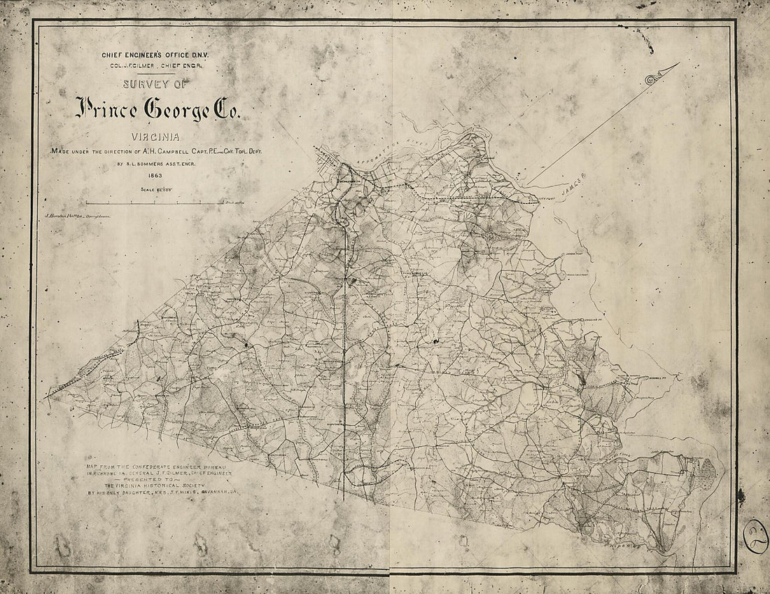 This old map of Survey of Prince George County, Virginia (Survey of Prince George County, Virginia) from 1863 was created by Albert H. (Albert Henry) Campbell,  Confederate States of America. Army. Department of Northern Virginia. Chief Engineer&