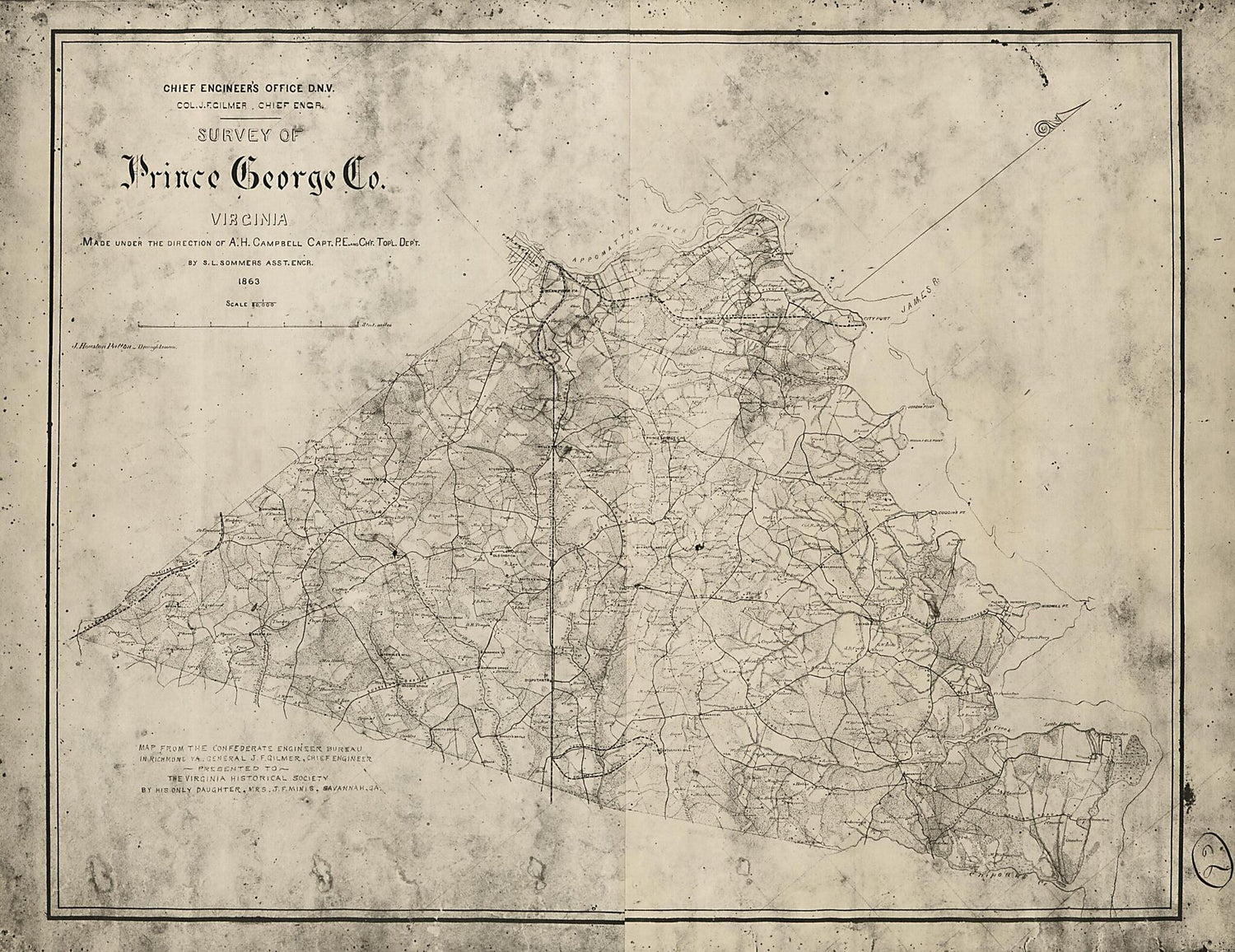 This old map of Survey of Prince George County, Virginia (Survey of Prince George County, Virginia) from 1863 was created by Albert H. (Albert Henry) Campbell,  Confederate States of America. Army. Department of Northern Virginia. Chief Engineer&